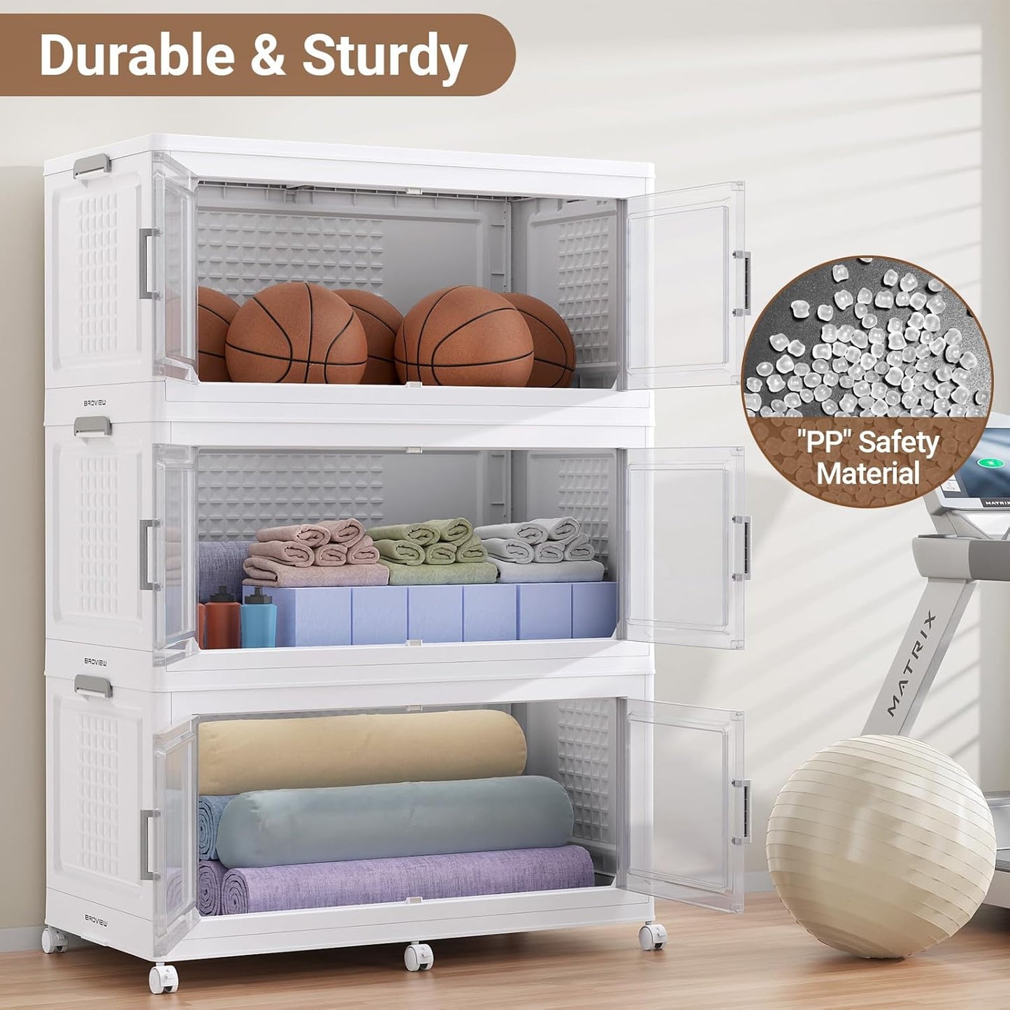 BROVIEW 69.3"H 200Gal Plastic Storage Bins with Lid & Wheels,4Pack Extra Large Stackable Storage Bins with Dividers,Closet Organizers and Storage Cabinet Collapsible Box Shelves for Home Kitchen,White