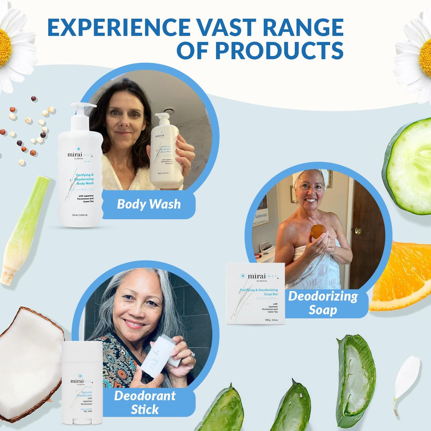 Mirai Clinical Persimmon Soap Bar for Body (100g) - Old People Smell and Nonenal Odor Control with Japanese Persimmon and Green Tea Extract - Deodorant Soap Bar for Men & Women