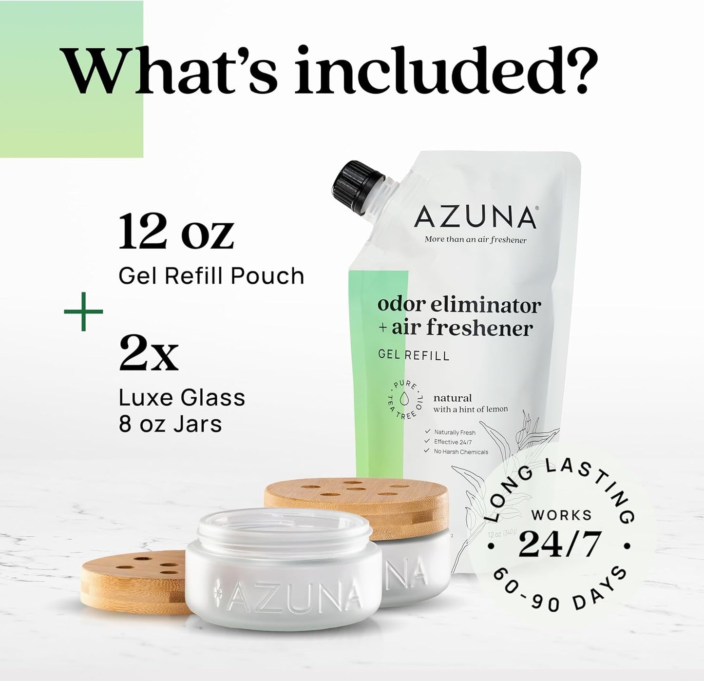 Azuna Air Freshener & Odor Eliminator for Strong Odor | 2 Room Kit Includes (2) 8 oz. Empty Luxe Glass Jars & 12 oz | Refill with Tea Tree Essential Oil Gel | Natural Scent | Last 60-90 Days