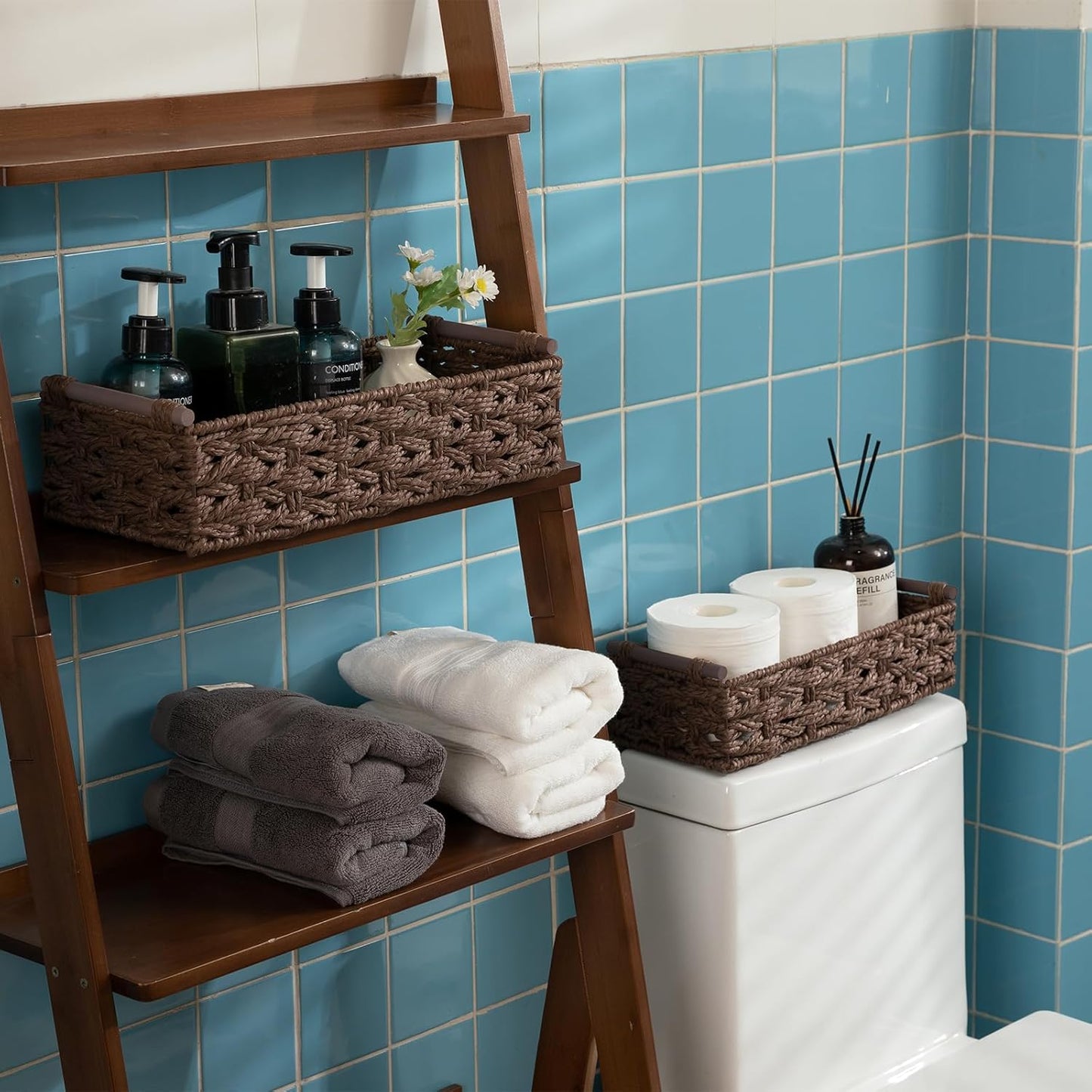 OIAHOMY Toilet Paper Baskets Handmade Paper Rope Decorative Wicker Storage Tank Shelf Cabinet Organizer for Bathroom Home, Set of 2, Brown