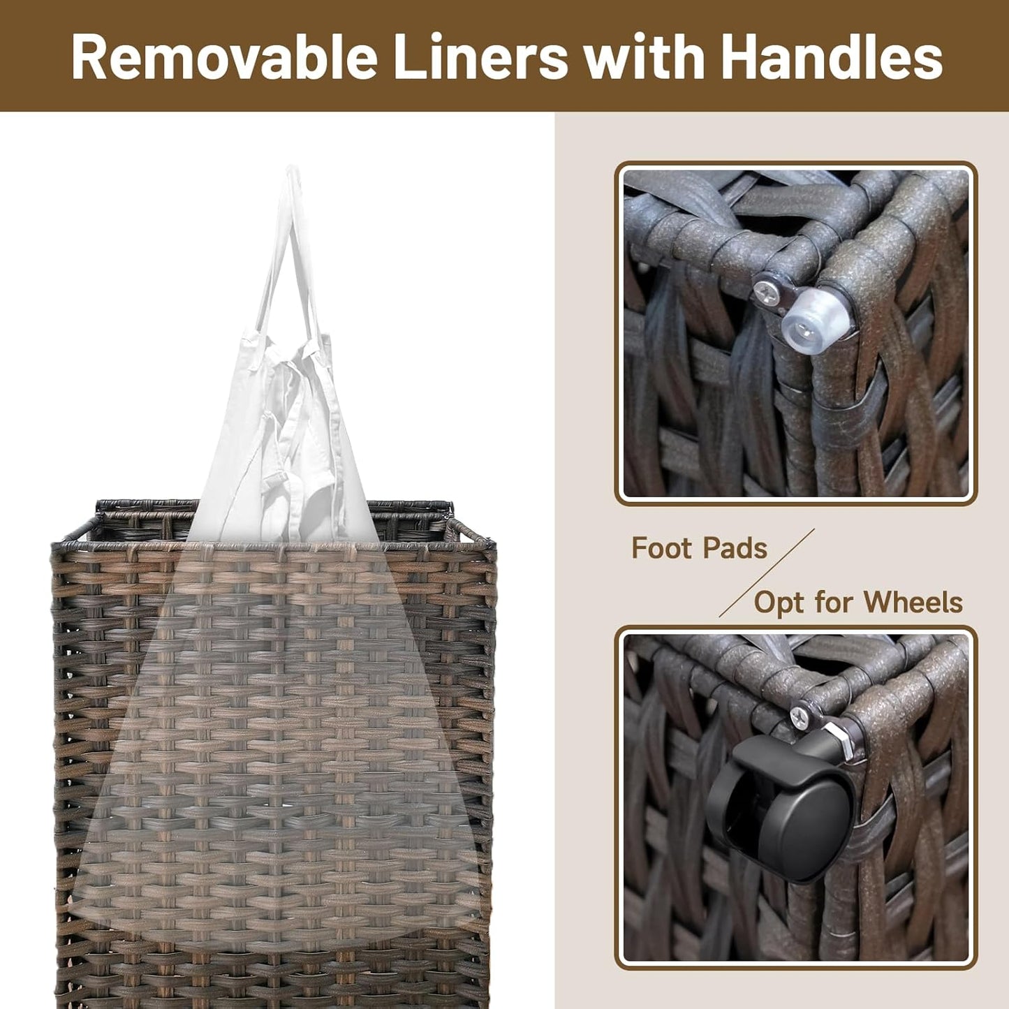 70L Slim Laundry Hamper with Lid & Wheels, Rolling Laundry Basket with 2 Removable Liner Bags & 3 Mesh Bags, Narrow Dirty Clothes Basket, Foldable Handwoven Rattan Laundry Sorter, Brown