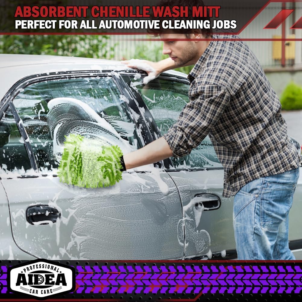 AIDEA Car Wash Mitt Microfiber, 1PK-Scratch-Free& Lint-Free, Premium Chenille Microfiber Mitt Car Wash Brush-Green Regular Size (7.12''X10.14'')