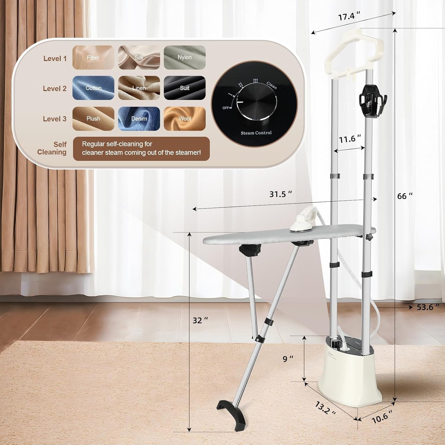 Standing Garment Steamer 1500W Professional Steamer for Clothes 25s Fast Heat-up with Rotating Ironing Head 1.6L/54 fl.oz Water Tank, Self-cleaning Function, Foldable Ironing Board, Ironing Gloves