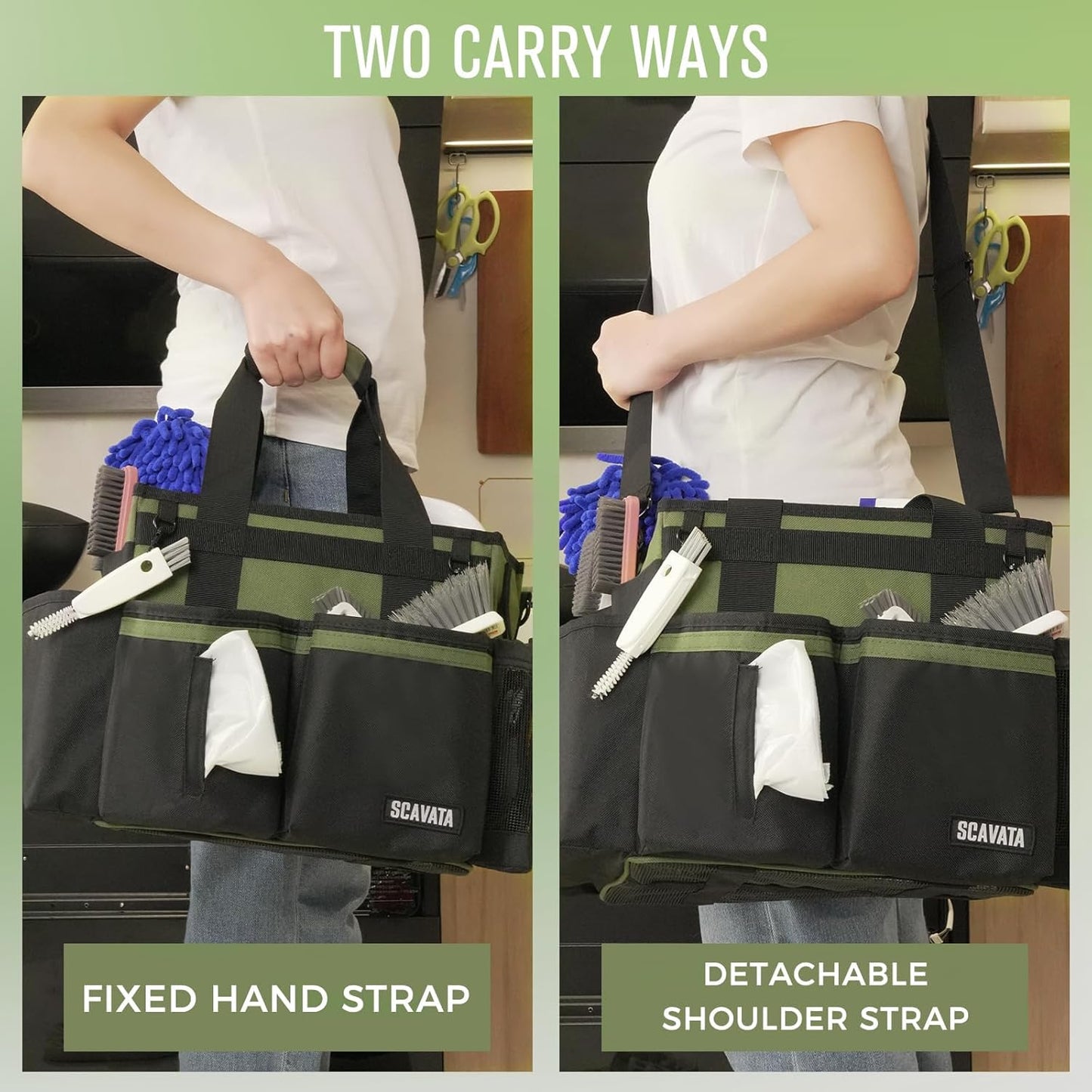 Compact Wearable Cleaning Caddy, Small Cleaning Caddy Supplies Organizer with Handle & Shoulder Straps for Housekeepers, Under Sink & Car Cleaning Tool Organizers Bag (Armygreen)