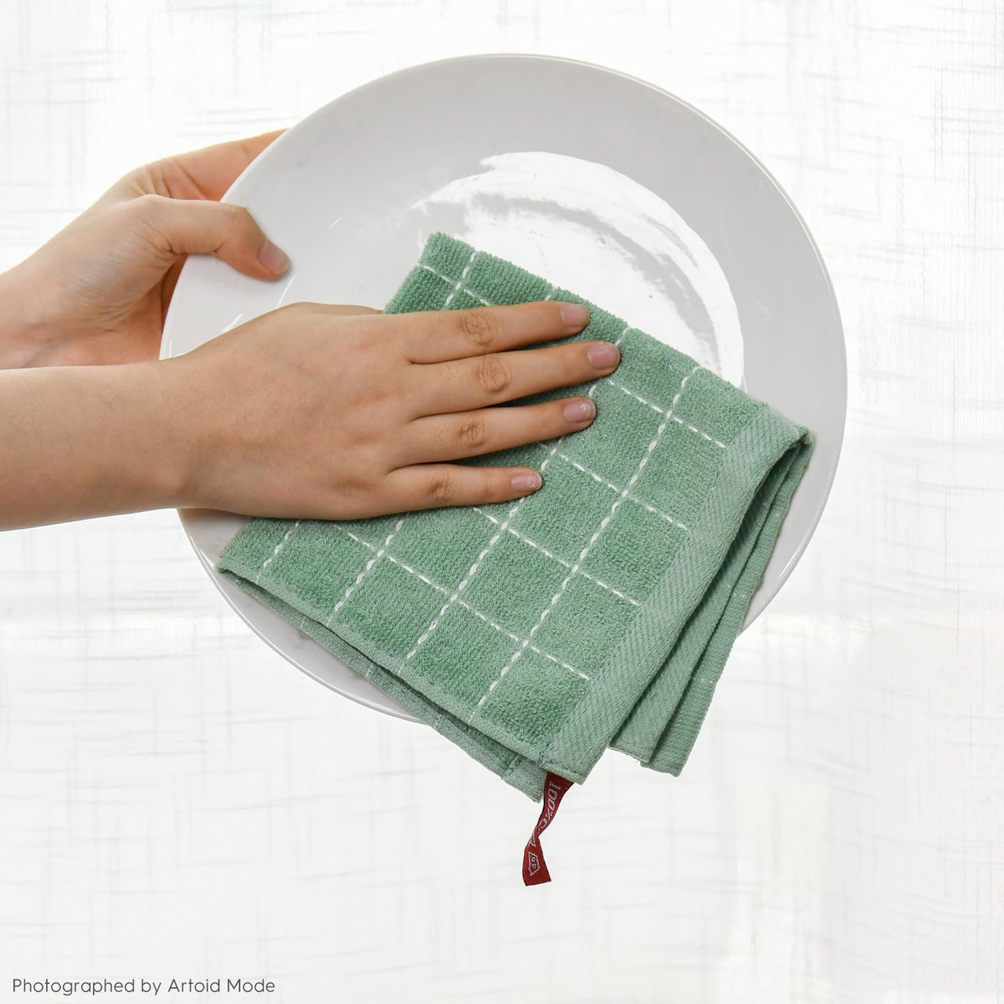 Artoid Mode Checkered Designed Cotton Beige Dark Green Terry Kitchen Dish Cloths, 12x12 Inch Soft Absorbent Quick Drying Kitchen Rags Set of 6