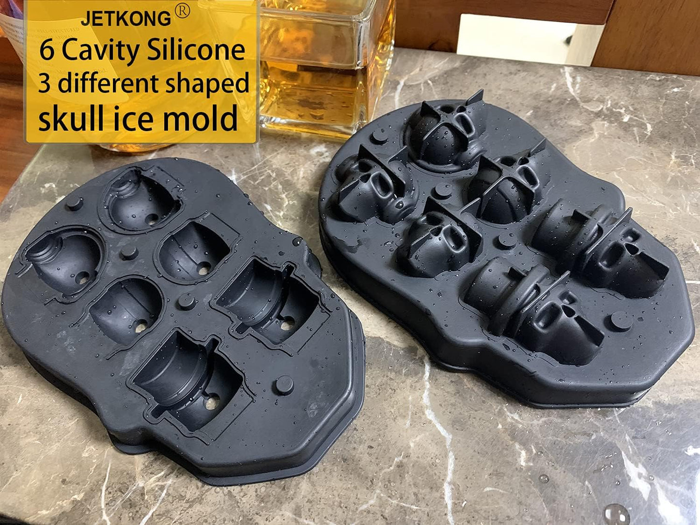 JETKONG 6 Cavity Skull Ice Maker - Silicone Skull Shaped Ice Mold and Tray for Whiskey, Cocktails and Beverages