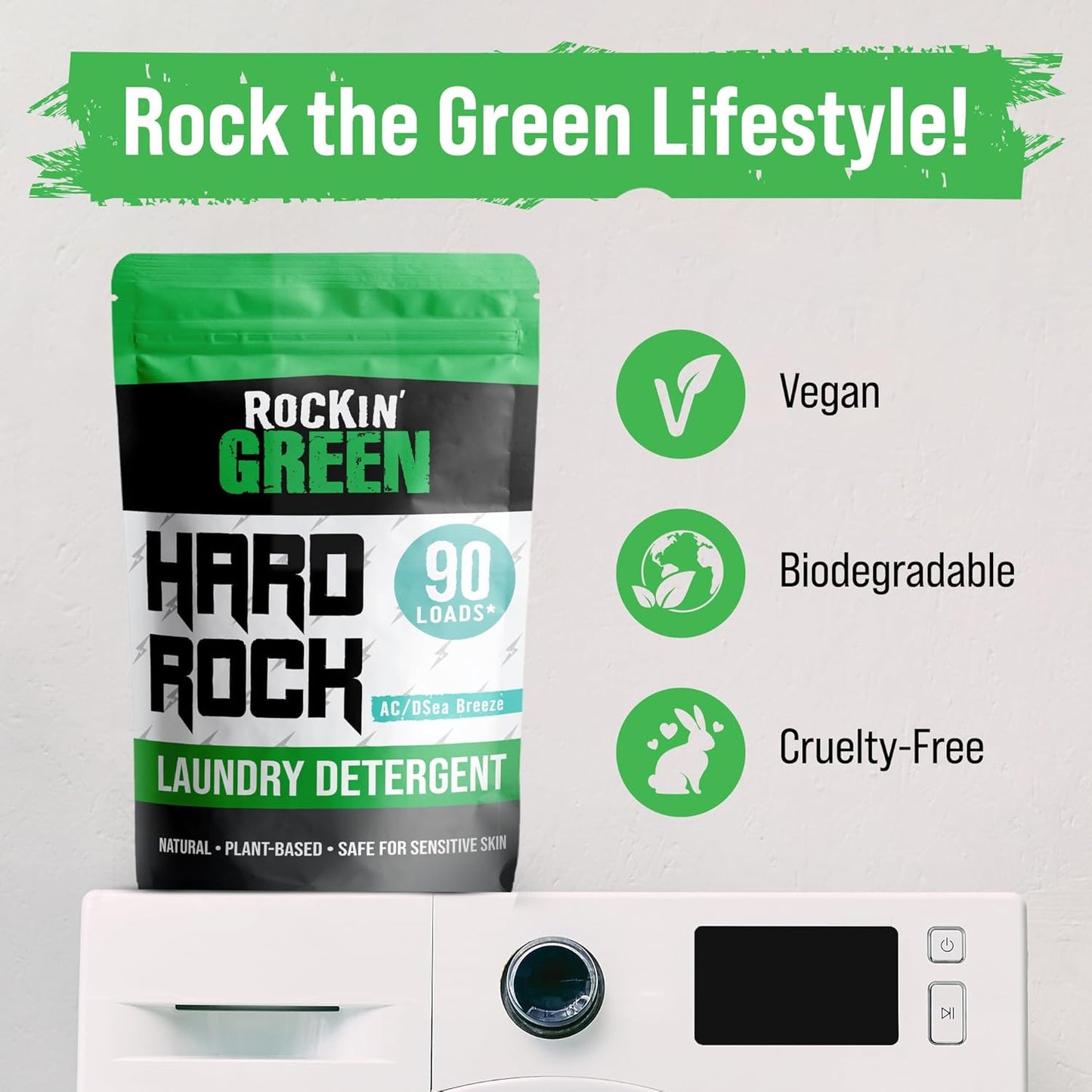 Rockin' Green Hard Rock Powder Laundry Detergent (90 Loads) - Natural Powdered Laundry Detergent, Sensitive Skin Laundry Powder (AC/DSea Breeze)