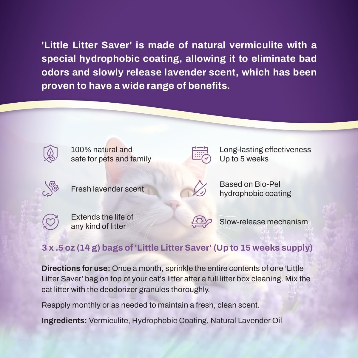 Little Litter Saver | a New Generation Of Cat Litter Box Deodorizer | Unique Slow Release Formula | Natural Fresh Scent | Up to 15 Weeks Supply | 3 x 0.5oz bags (Lavender)