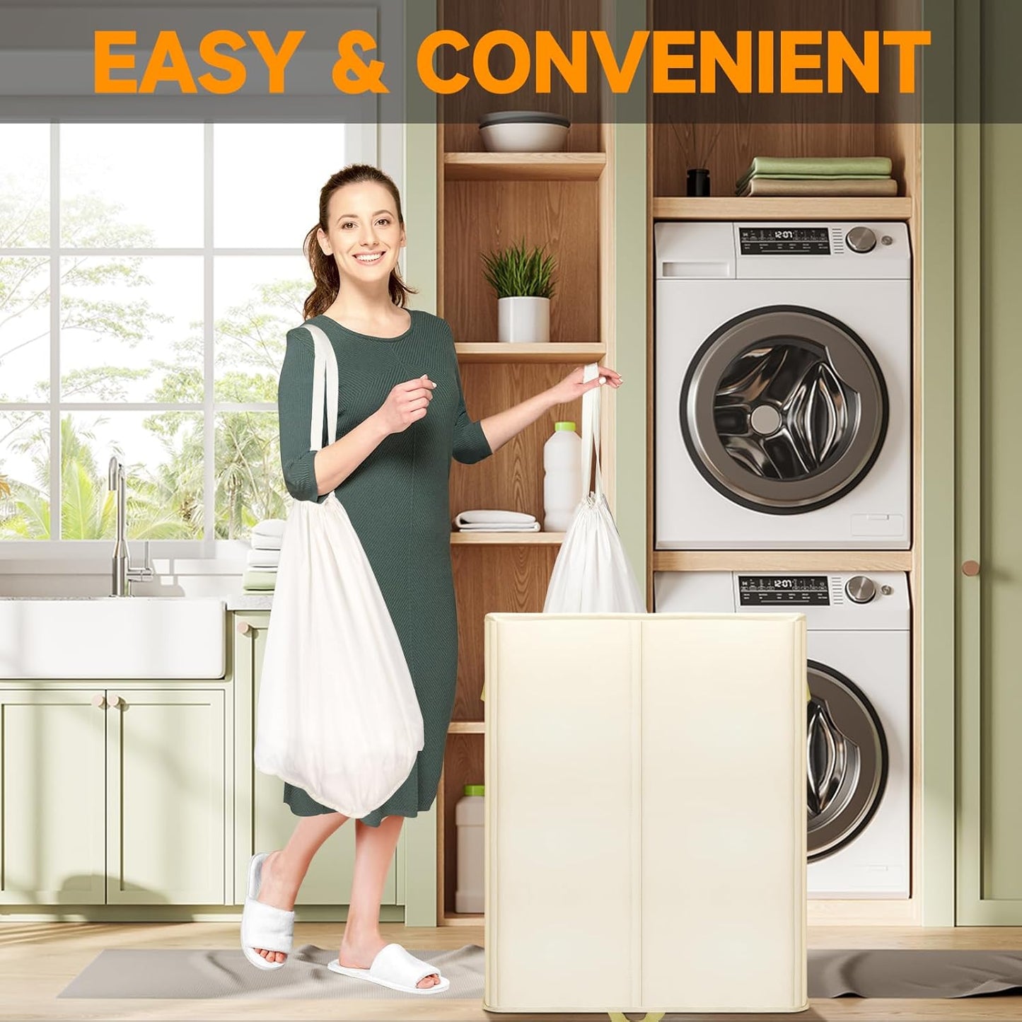 182L Oversized Laundry Hamper 2 Section with Lid and Removable Bags,Double Laundry Basket 30in Dirty Clothes Hamper 2 Dividers for Bedroom,Laundry Room,Bathroom,Dorm Beige White