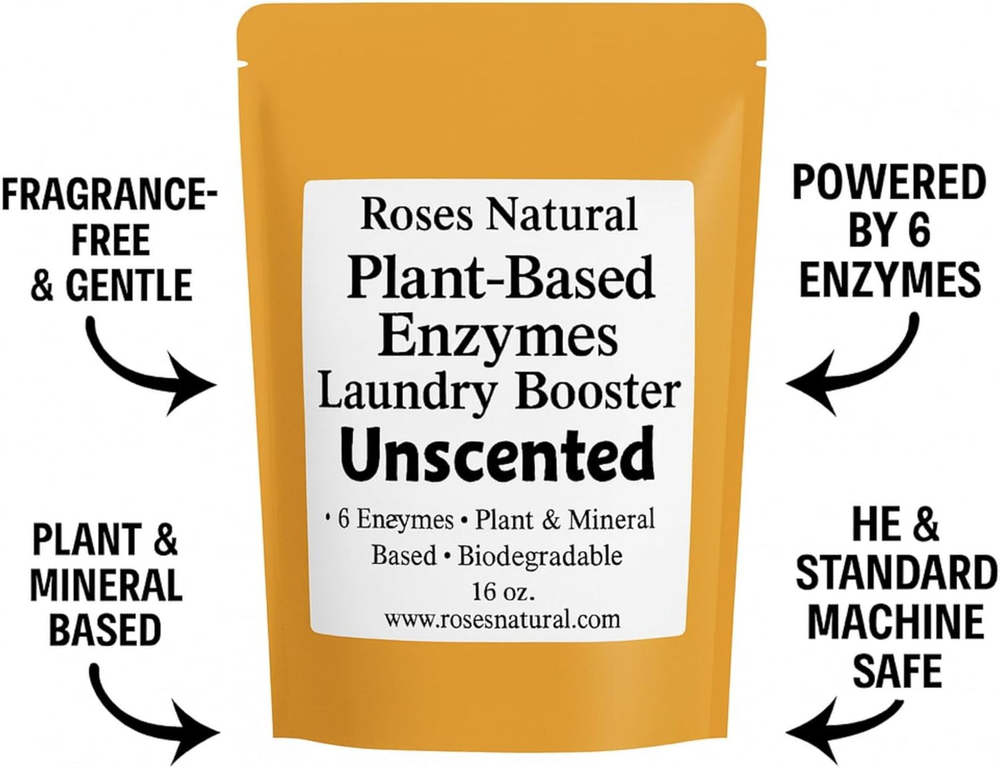 Natural Enzyme Laundry Booster – Unscented | 6 Enzymes | Fragrance-Free | Biodegradable | HE Safe, for Sensitive Skin, Eco-Friendly Laundry Additive | 16 oz | Made in USA