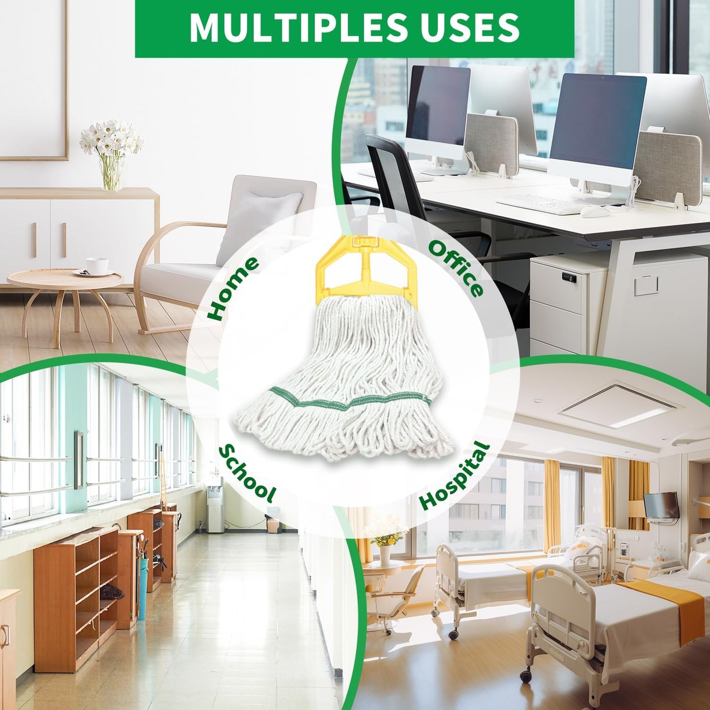 6 Pack Commercial Heavy Duty Mop Heads Heavy Cotton Looped End String Mop Head for Home Industrial Commercial Floor Cleaning Mop Head Replacement(White, Green)