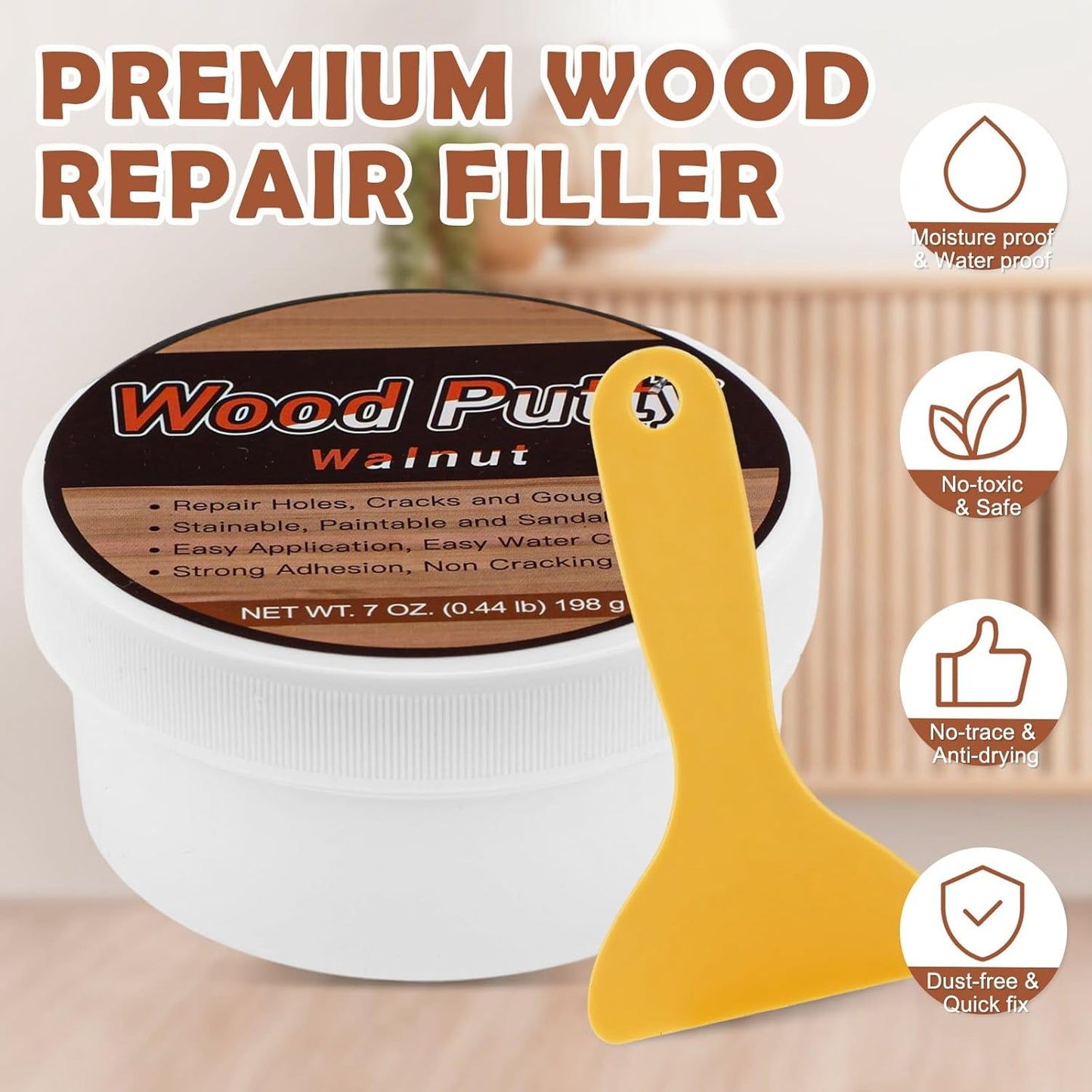 SEISSO Wood Filler, Walnut Wood Putty for Trim, Wood Filler Paintable, Stainable, Water-Based Wood Putty Filler Outdoor, Wood Repair Kit - Restore Wooden Table, Cabinet, Floors, Door
