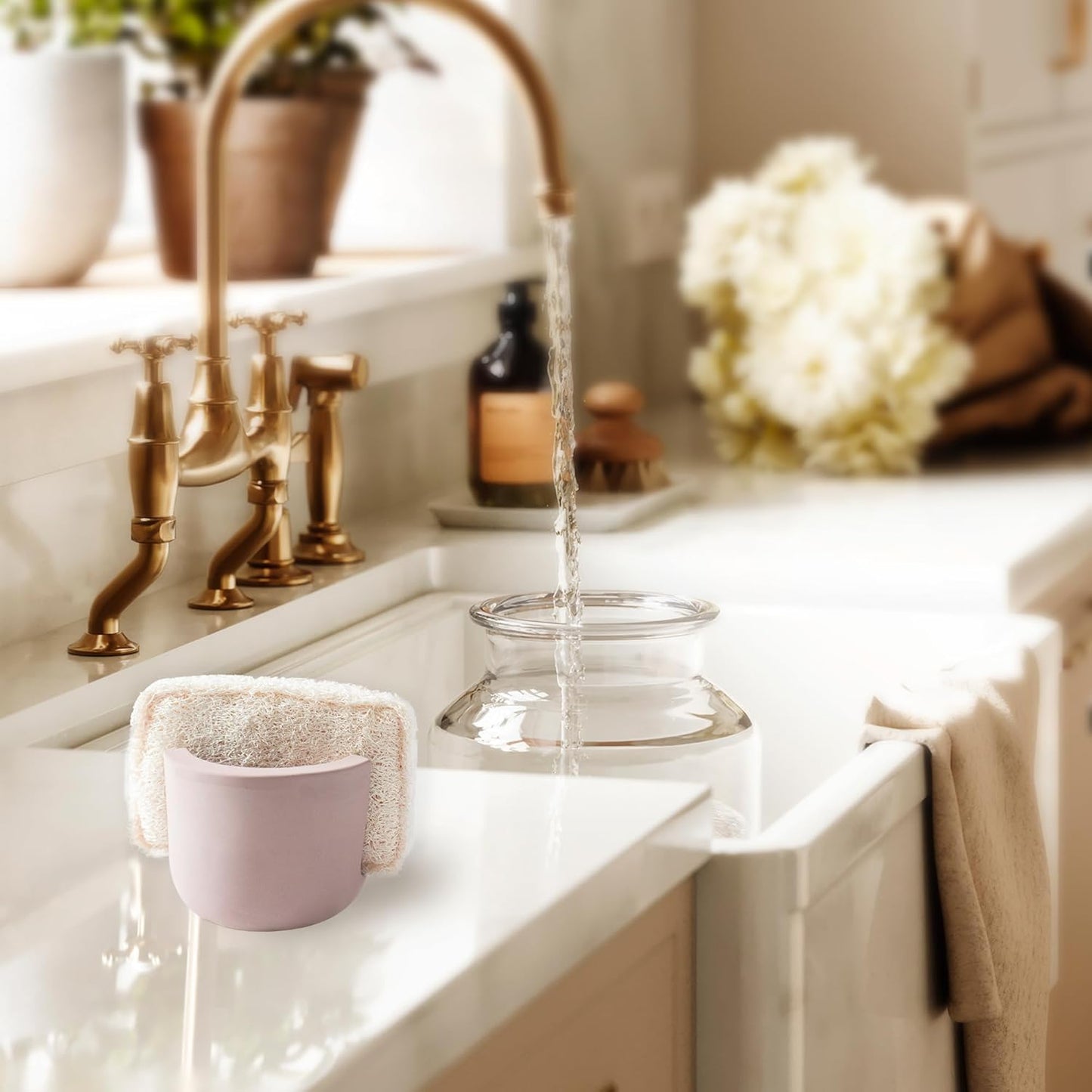 MOPHONICHOME Sponge Holder, Stone Sponge Holder For Kitchen Sink - Diatomite Kitchen Sink Caddy, Quick Dry, Super Absorbent, Modern Design, Brown