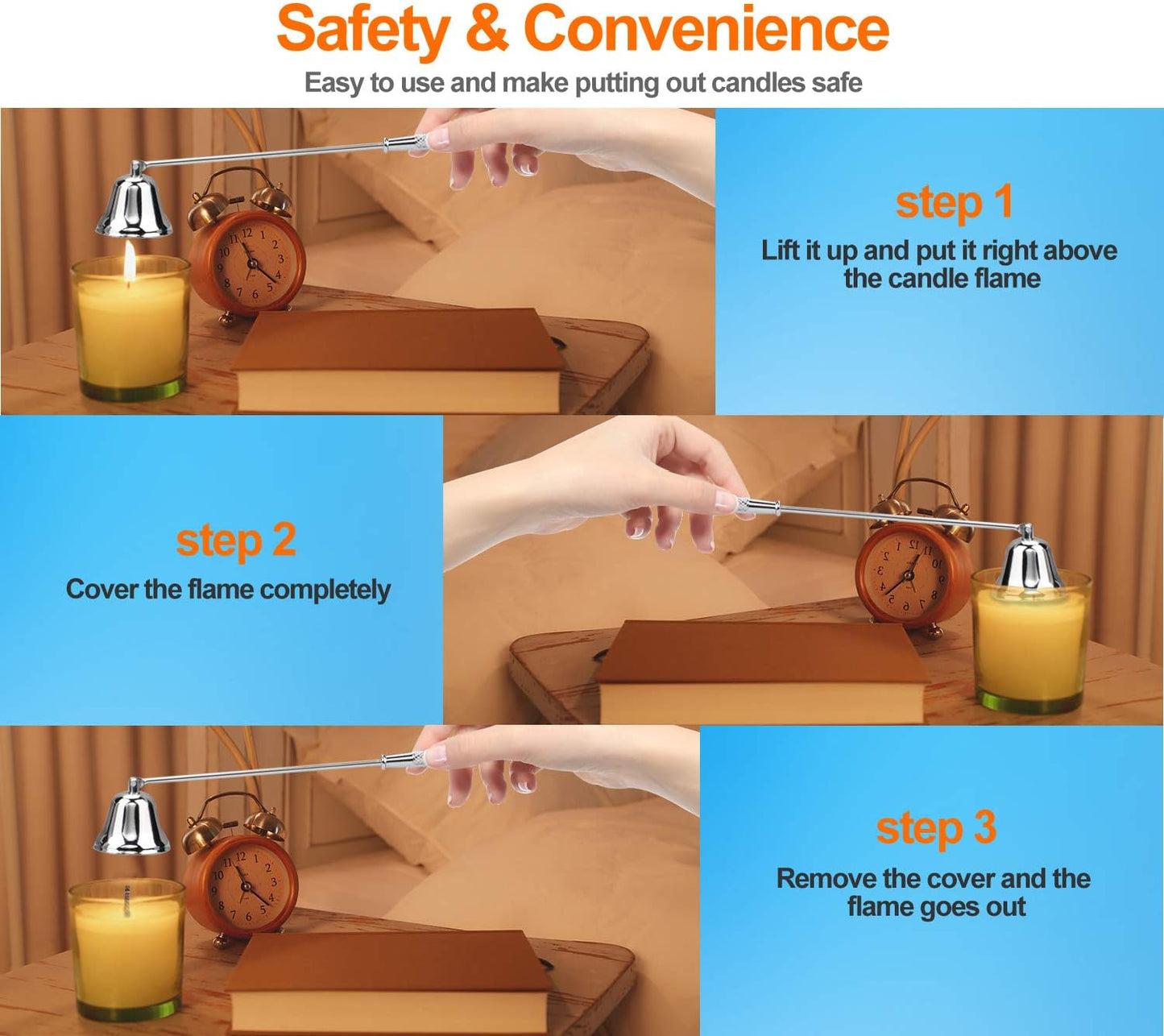 GOSGOONE Candle Snuffer, Elegant Candle Extinguisher with Long Handle, Hinged Candlesnuffers Wick Snuffer Candle Accessory for Putting Out Candle Flame Safely, Candle Stopper with Storage Bag (Silver)