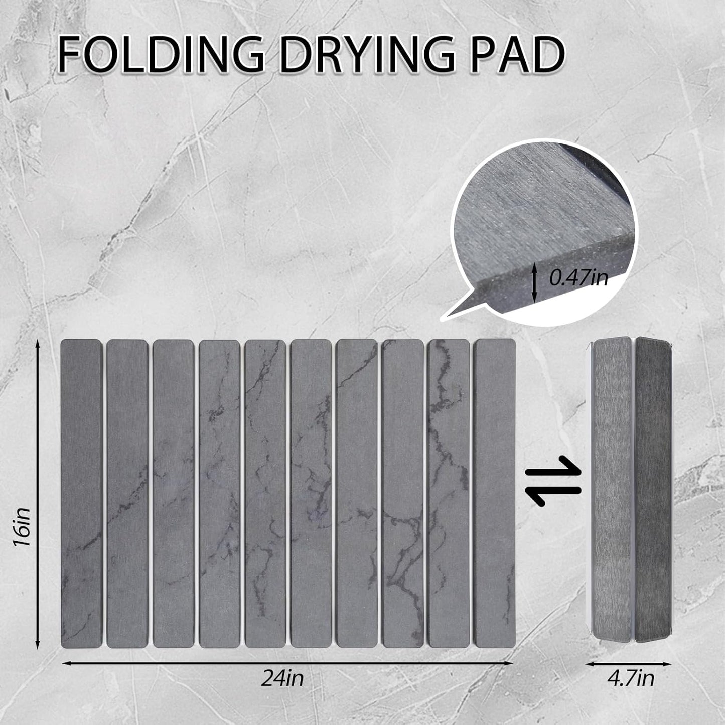 Stone Drying Mat for Kitchen Counter 24"×16" ,Large Dish Drying Mat with Drainage Grooves, Non-Slip Silicone Drying Mat, Absorbent Counter Protector for Dishes, Utensils