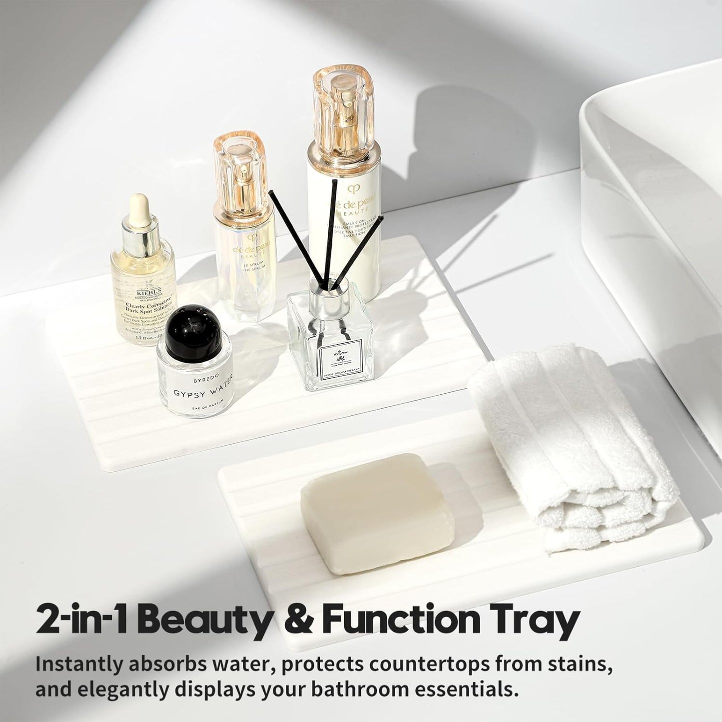 2PCS Water Absorbing Stone Drying Tray Mat for Bathroom Sink & Kitchen Counter Organizer, Quick Dry Dish Soap Dispenser Sponge Holder, Vanity Sink Caddy, Drink Bar Coaster, White - 10"*6"