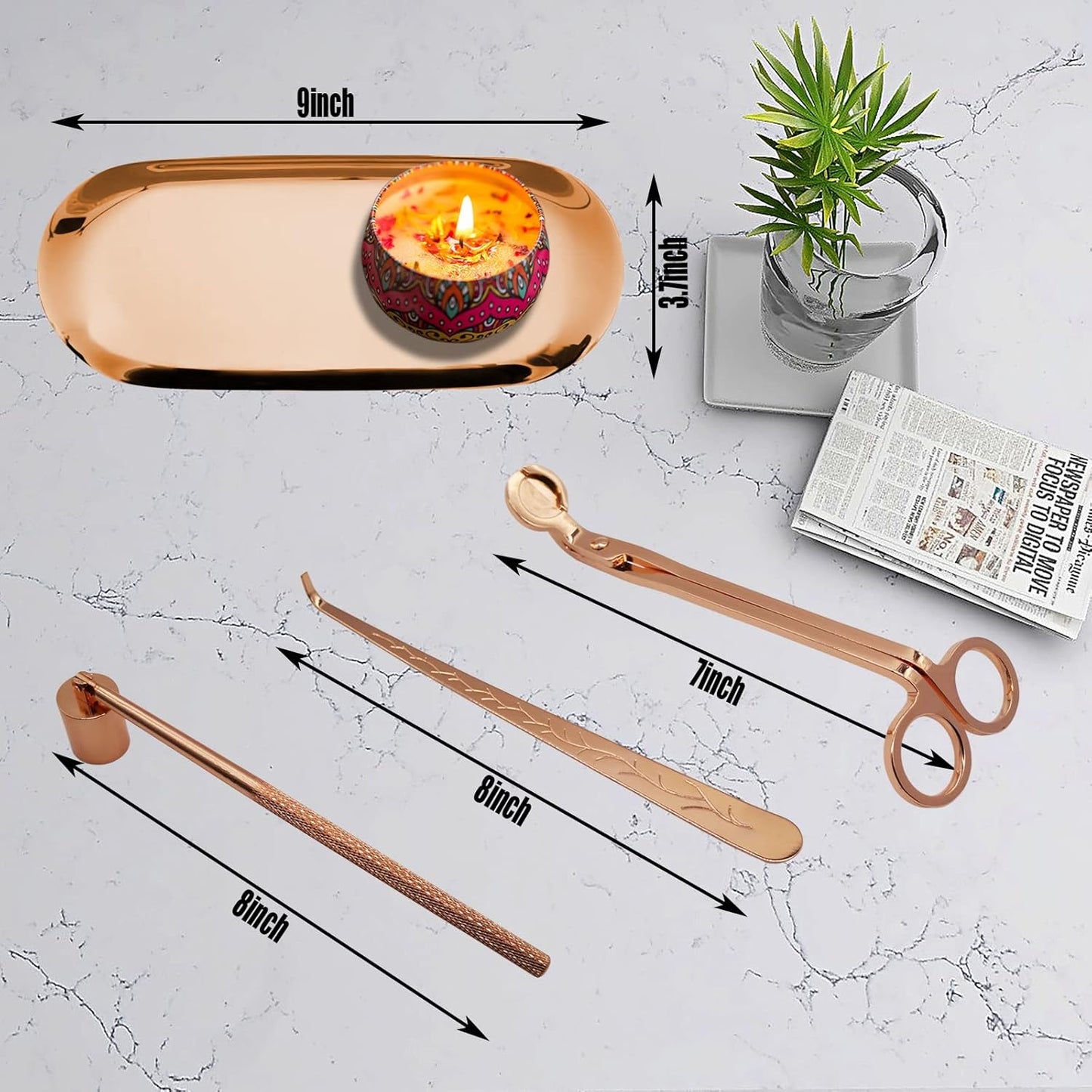 4 in1 Candle Accessory Set with Storage Tray Plate, Candle Wick Trimmer, Candle Wick Snuffer, Candle Wick Dipper, Great for Scented Candles Lovers (Rose Gold)