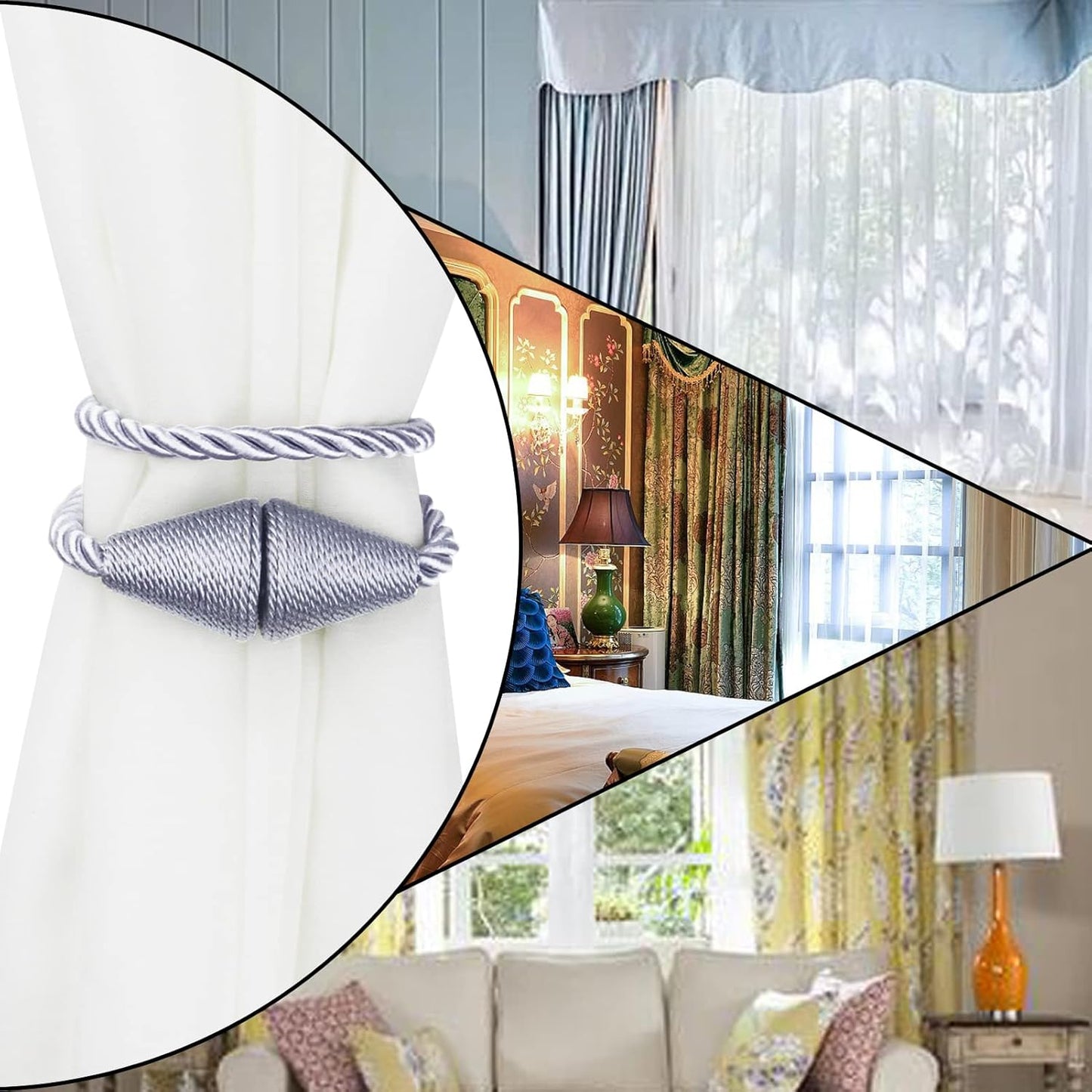 2 Pack Magnetic Curtain Tiebacks Rope Modern Handmade Curtain Tie Backs Decorative Drapes Weave Holdbacks for Window Décor, Grey