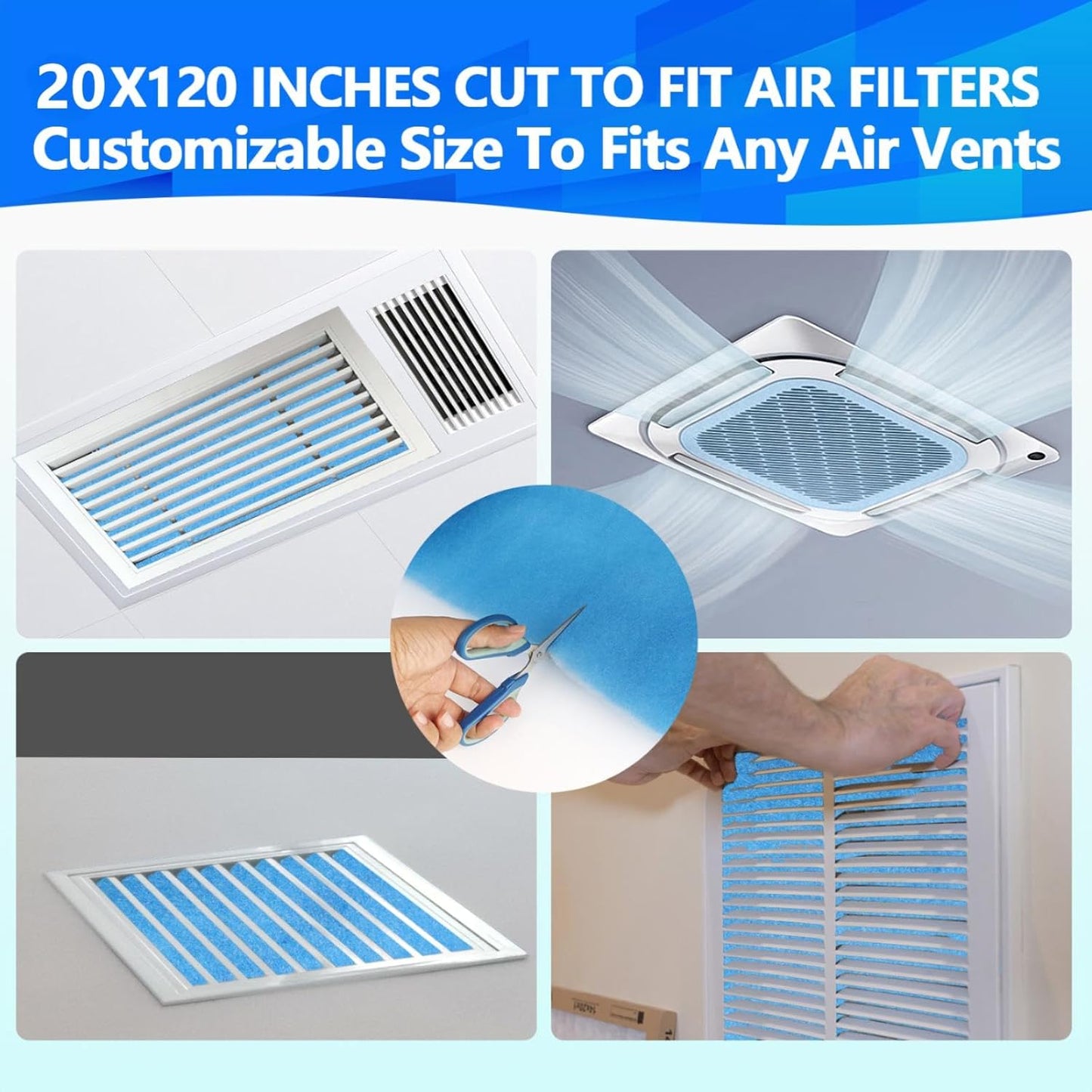 20" x120" Air Vent Filters, Cut to Fit Air Filter (80+ Filters), MERV 8 Triple Vent Filter for Home Floor, Ceiling, RV, HVAC Furnace Vents, With Adhesive Hook Tape and Installation Tape