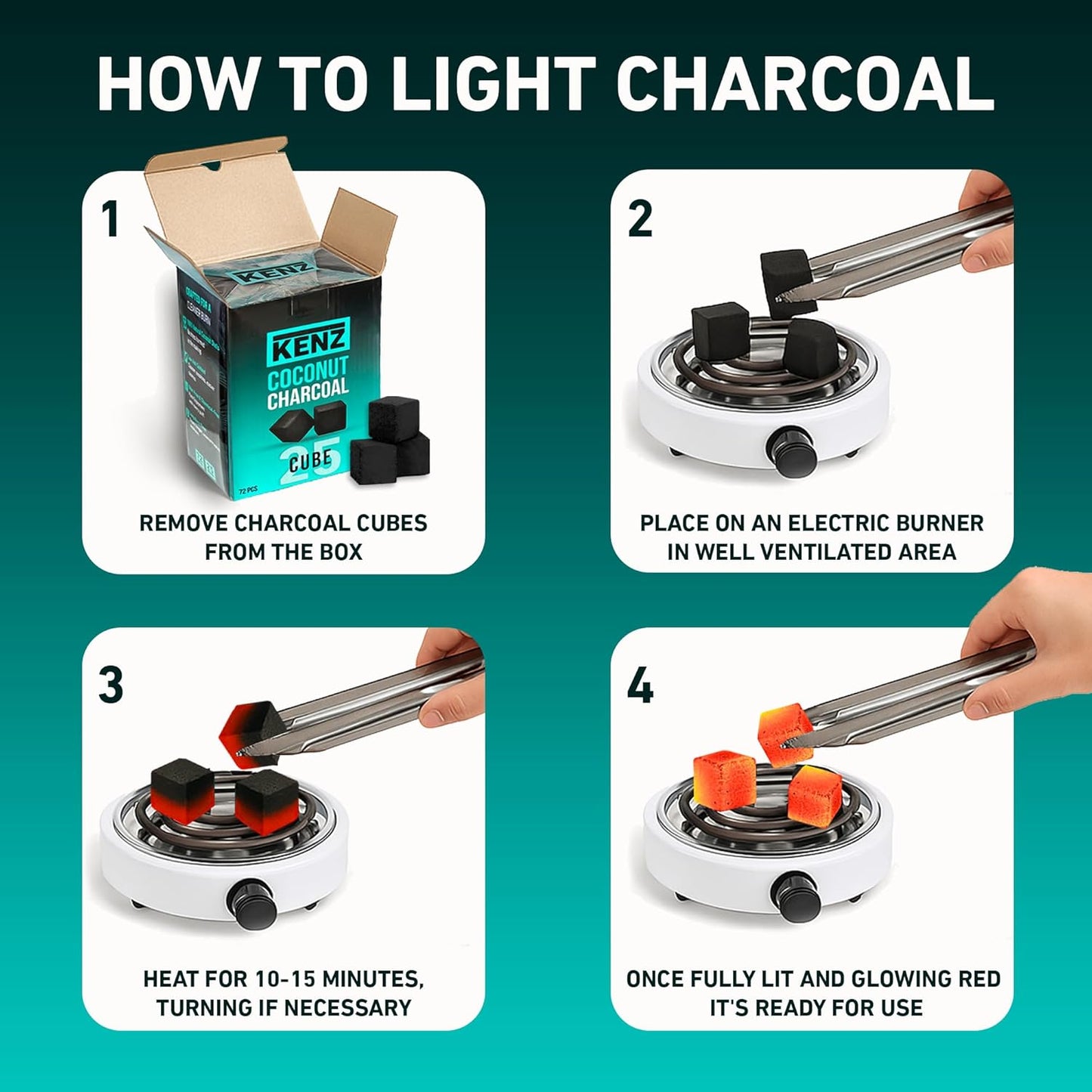 KENZ Charcoal Cubes, 25mm Low Ash Coconut Charcoal Briquettes, 100% Natural Coconut Shells, Completely Odor and Chemical Free, Enjoy a Longer Hotter Burn Time, 72 Cubes