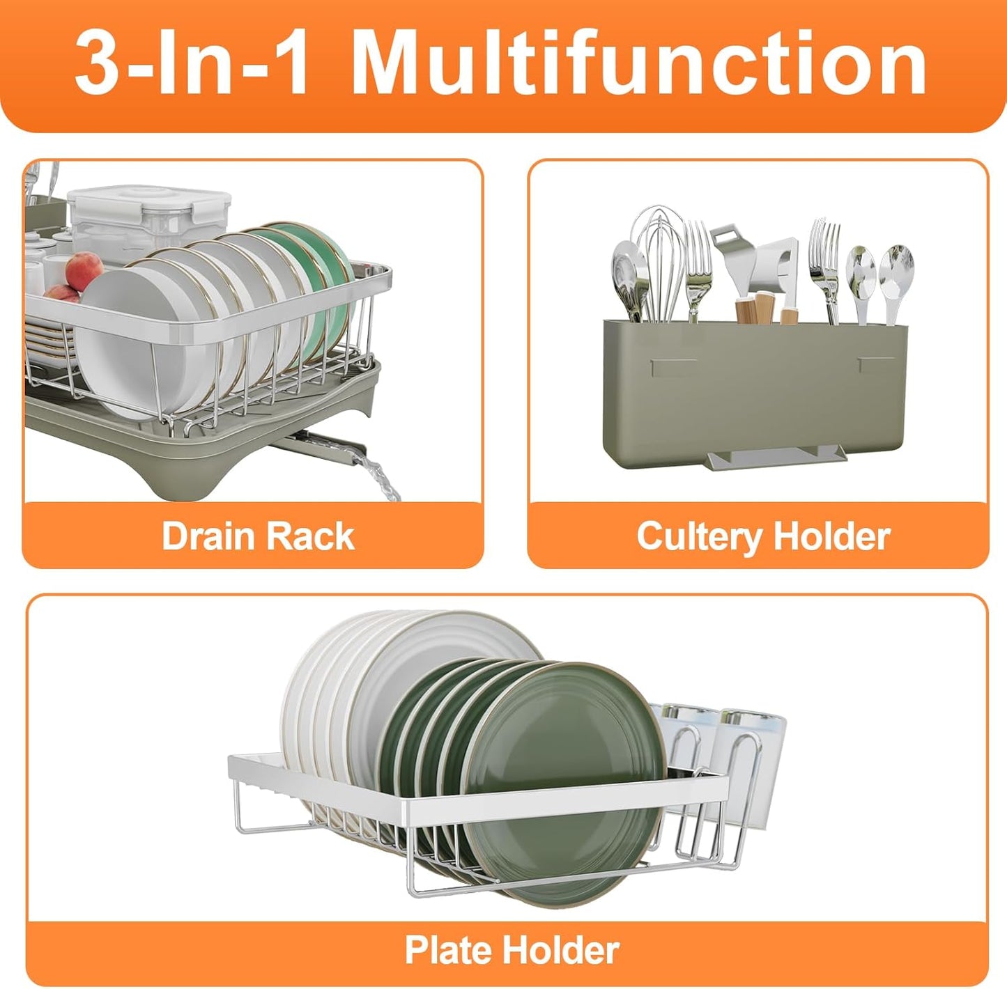 Dish Drying Rack, 2 -Tier 304 Stainless Steel Adjustable Spout Auto-Draining Dish Rack, Space Saving Dish Drainer with Drainboard and Utensil Holder for Kitchen Counter Grey