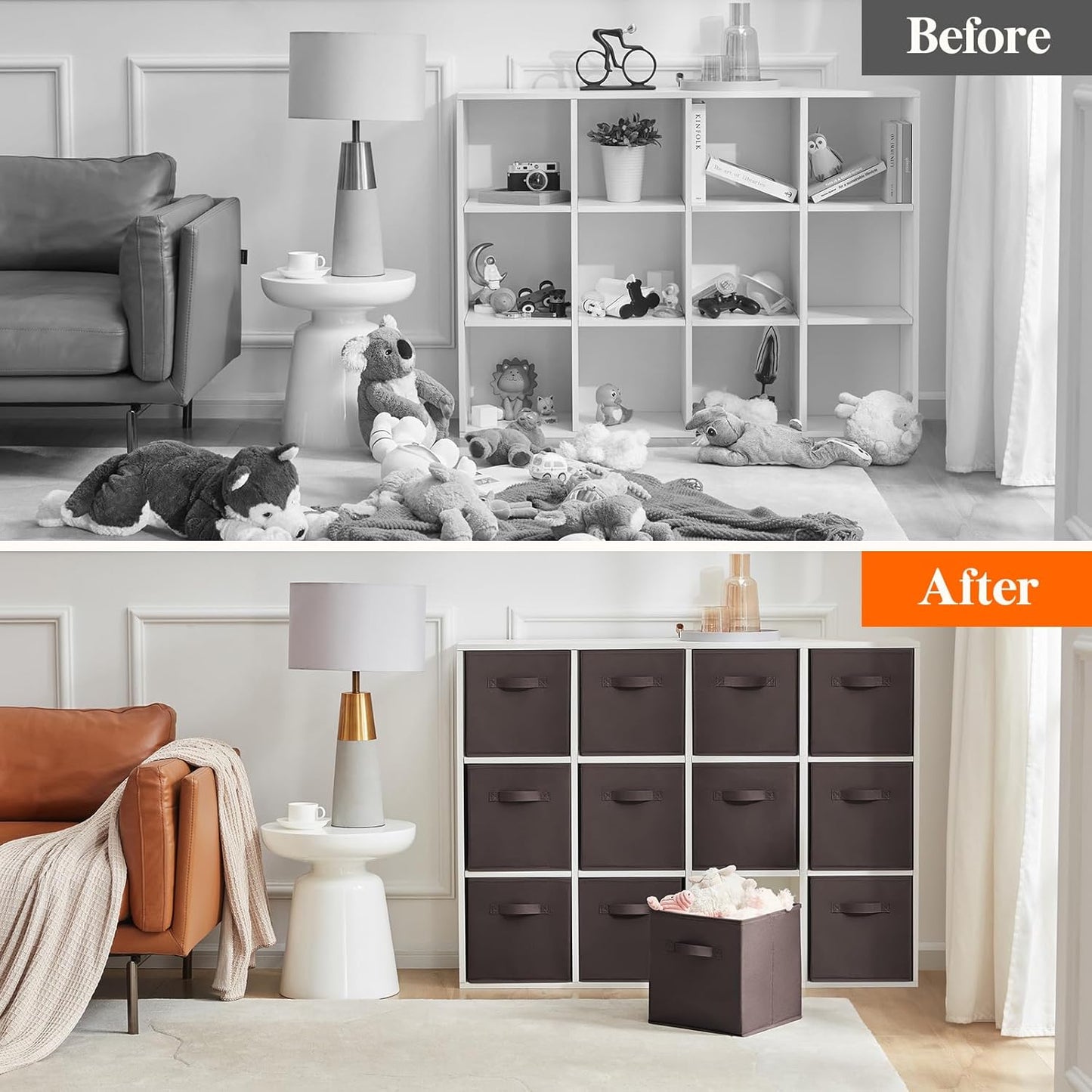 Lifewit 12 Packs Storage Cubes, 11 Inch Cube Storage Bins, Foldable Decorative Fabric Storage Baskets for Organizing Home Organizers with Handles for Shelves, Closet, Brown