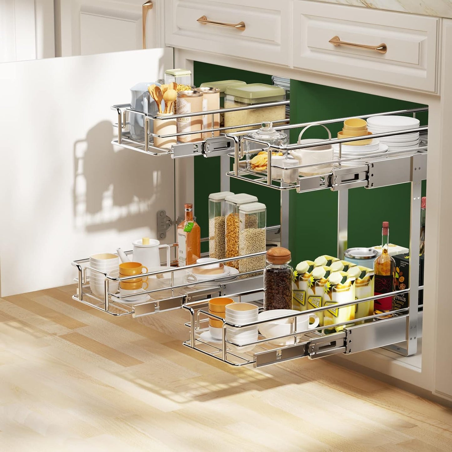 LOVMOR 2 Tier Individual Pull Out Cabinet Organizer 9" W x 21½" D, Slide Out Kitchen Cabinet Storage Sliding Shelves