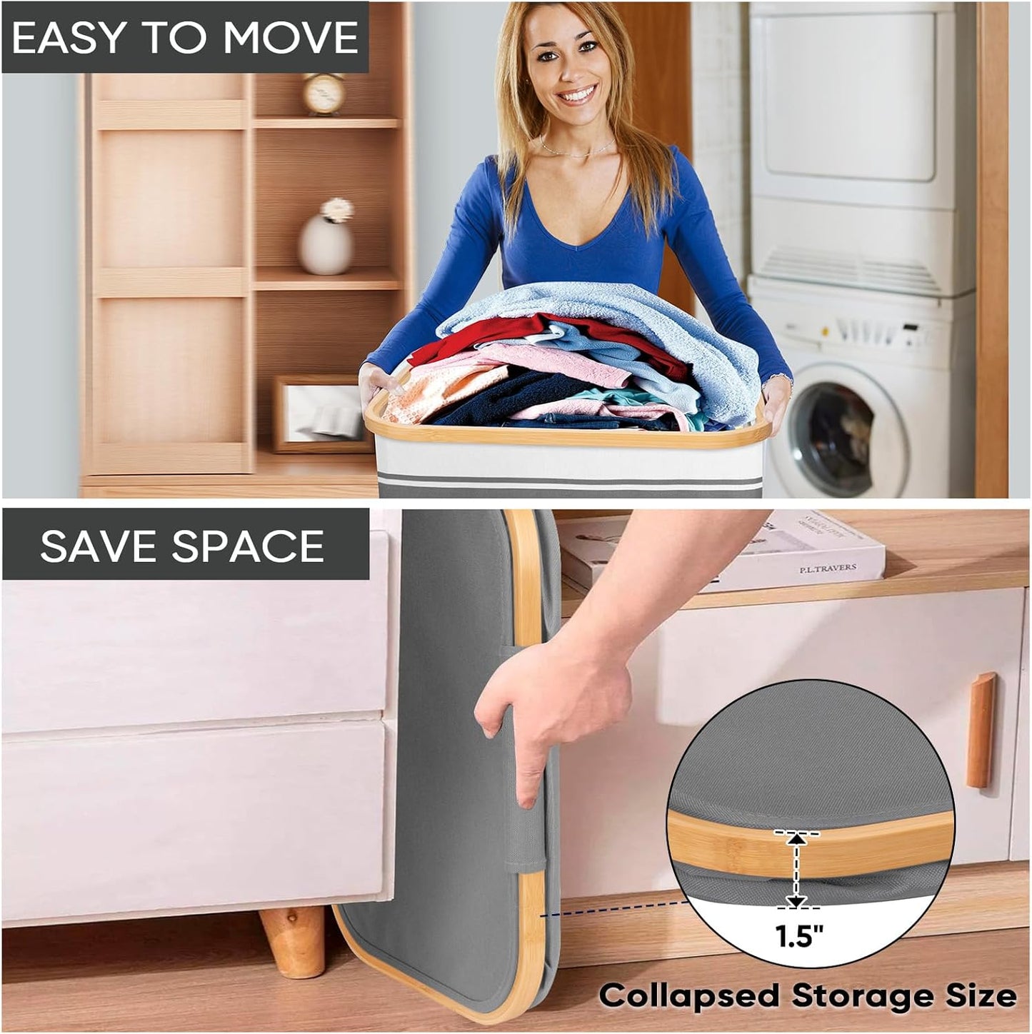 BALEINE Laundry Hamper with Lid, Tall Laundry Baskets with Bamboo Pull Handles, Large Laundry Bin with Internal Support (26 Gal/100L, Grey Stripe)