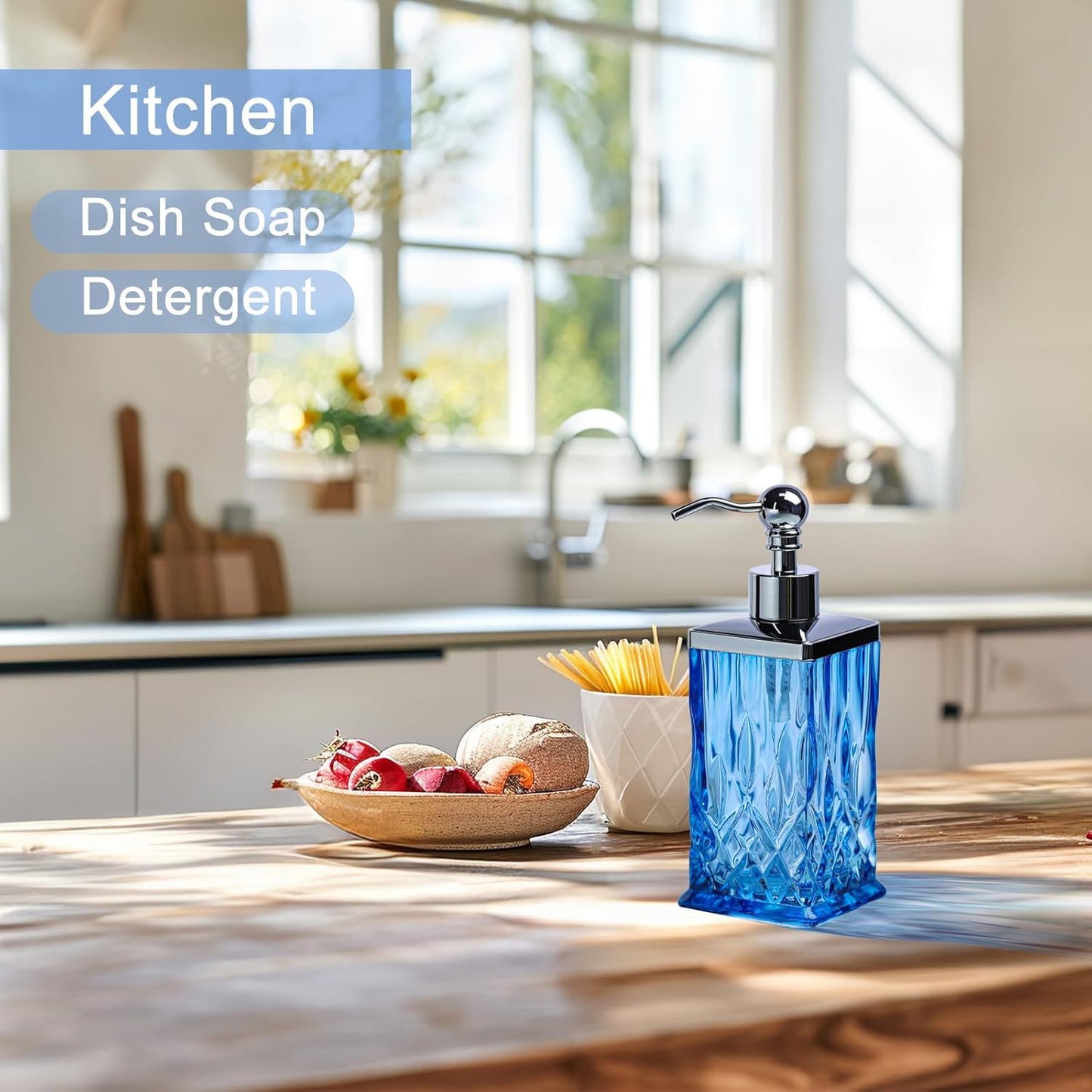 10Oz Diamond Grid Pattern Blue Glass Soap Dispenser with Rust Proof Stainless Steel Pump,Refillable Hand Soap Dispenser for Bathroom & Kitchen Hand Soap,Lotion,Body Wash(Square)