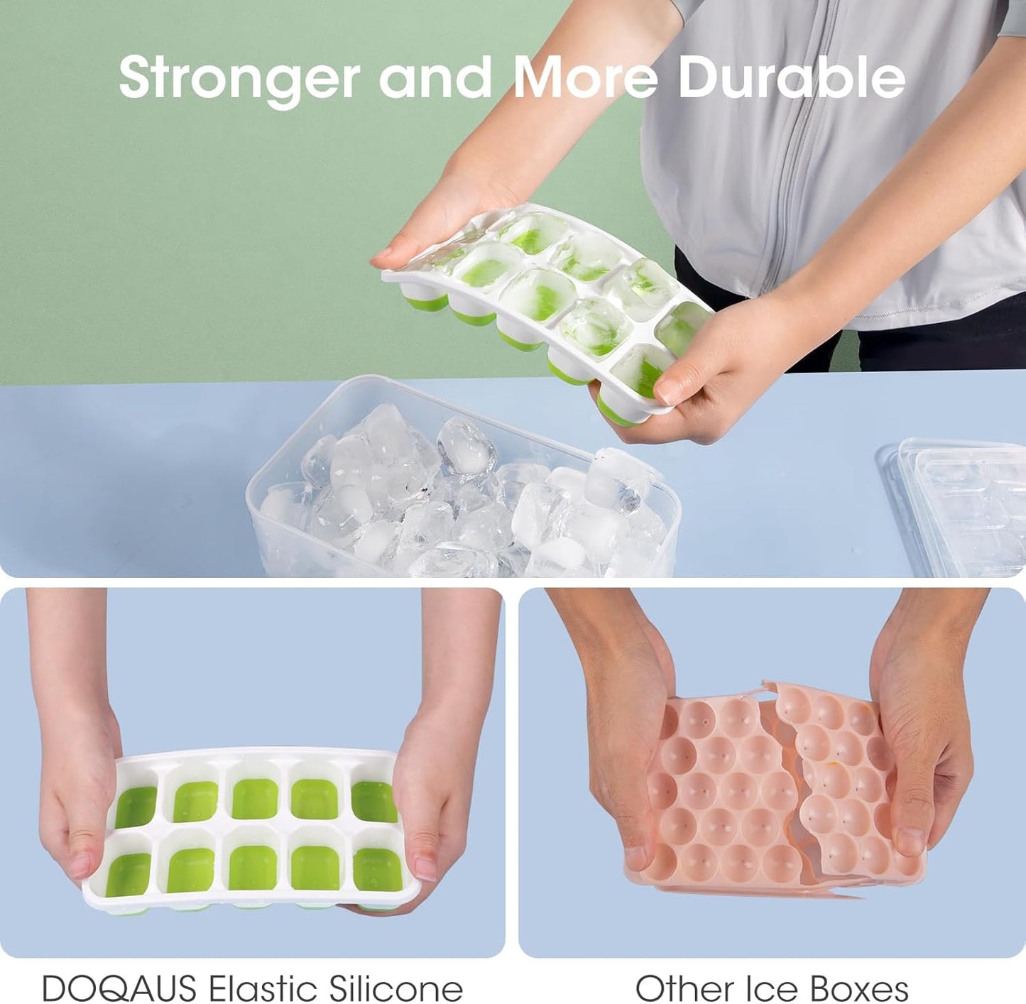 DOQAUS Ice Cube Tray with Lid and Bin, 4 Pack Silicone Plastic Ice Cubes Trays for Freezer with Box/Container, Stackable with Storage Iced Bucket Kits, Scoop, for RV, Soup, Food, Cocktail, Coffee