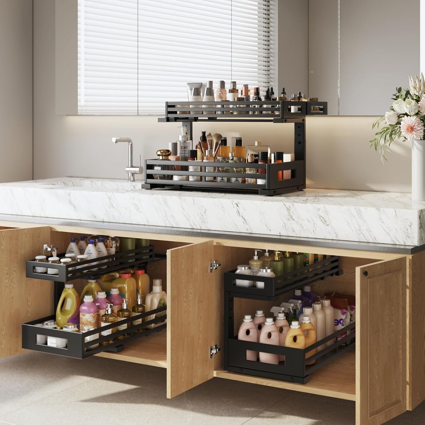 2-Pack 19"Deep Under Sink Organizer And Storage, 2-Tier L-Shaped Pull Out Cabinet Organizer with Upgraded Slide Rails, Height Adjustable Drawers for Kitchen&Bathroom, Extra-Large Storage Shelves–Black