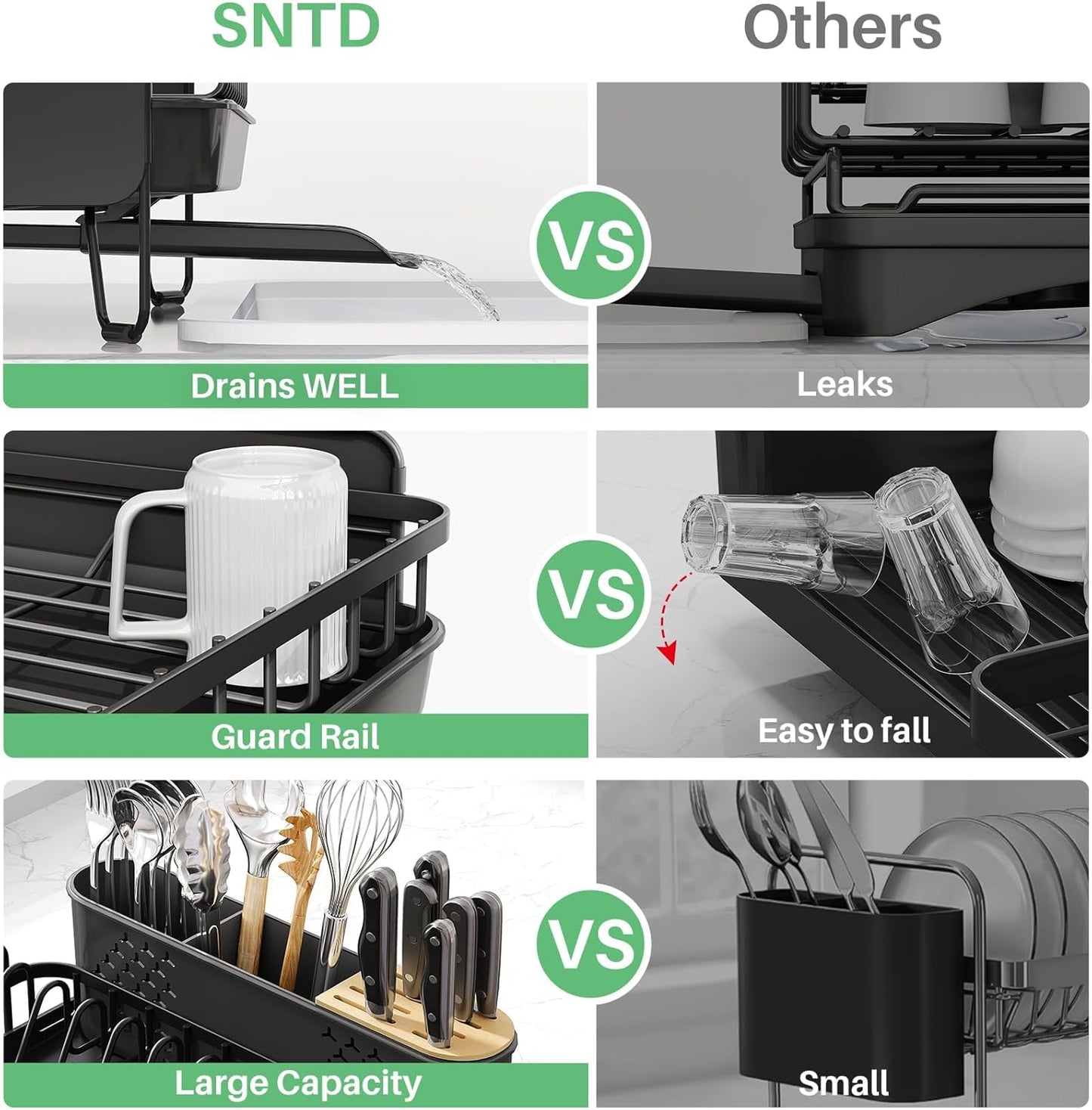 Dish Drying Rack - Large Dish Racks for Kitchen Counter, Expandable Dish Drainers with Cutlery Holder Stainless Steel Rustproof, Black