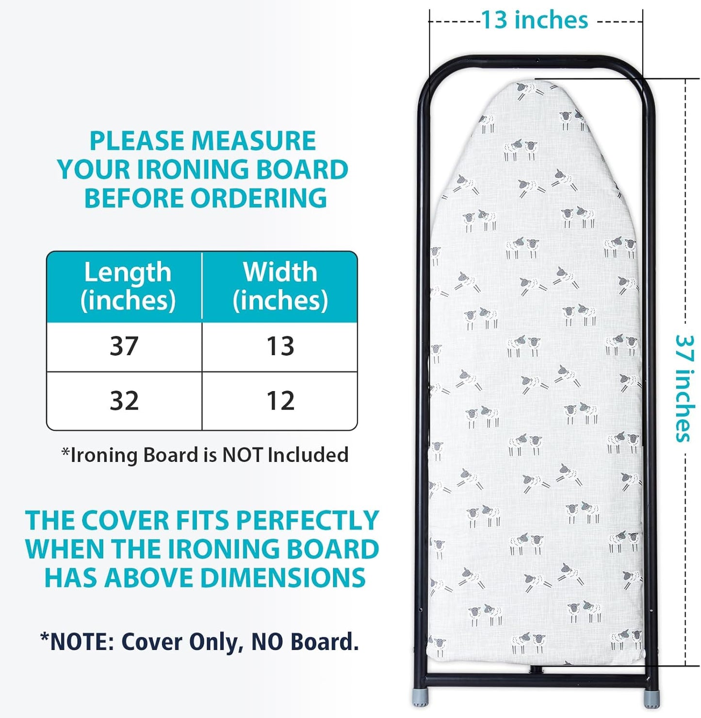 Over The Door Ironing Board Cover 13 x 37 inch, Small Iron Board Cover w 3 Layers Heat Reflective Thick Padding with Hook and Loop Fasteners (Gray Sheep)