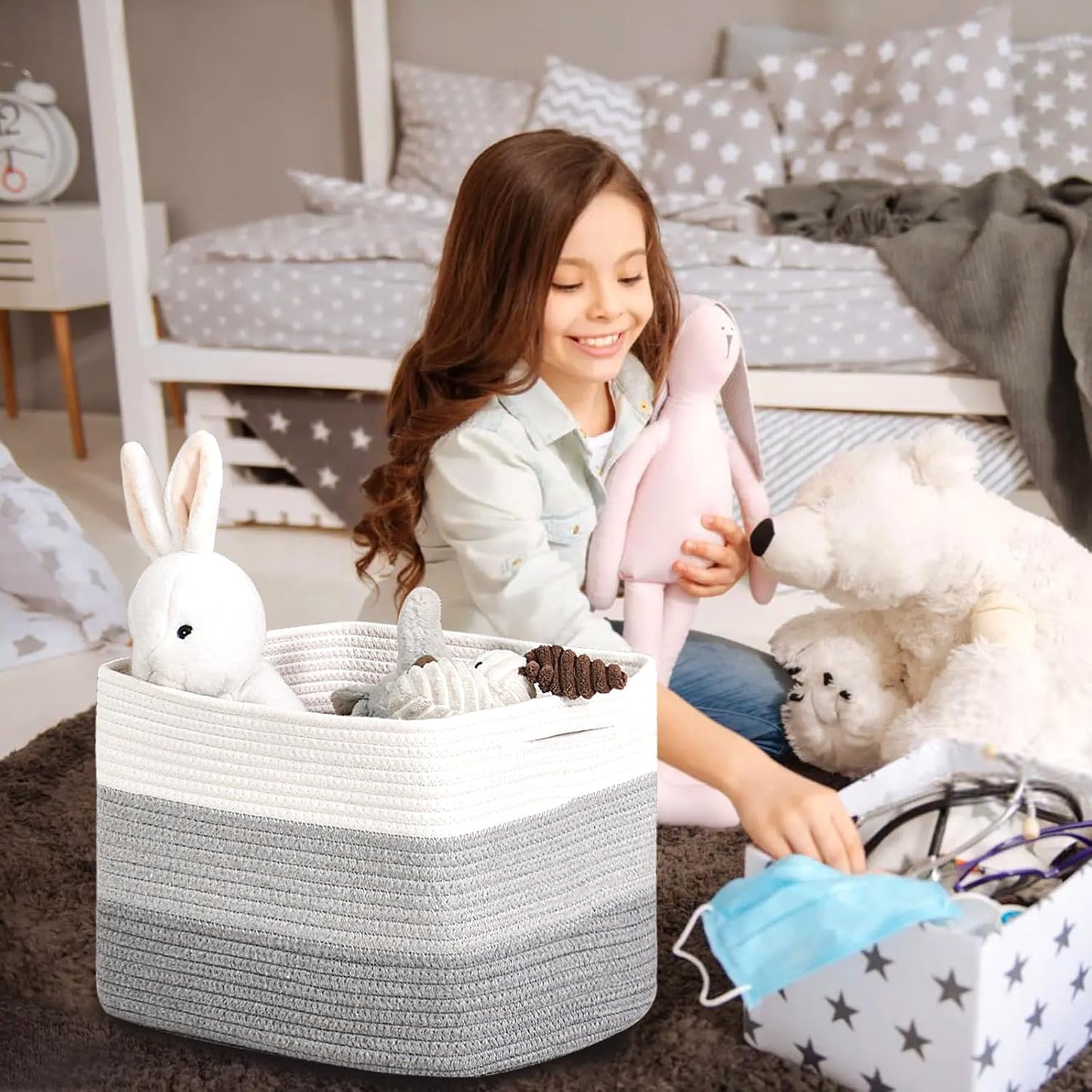 Storage Baskets for Organizing Shelves, Woven Cotton Rope Baskets for Storage Books Towels Toys, Organizing Baskets, Toy Basket for Nursery Bathroom, 15"x11"x9.5", 3 Packs, Gradient Grey