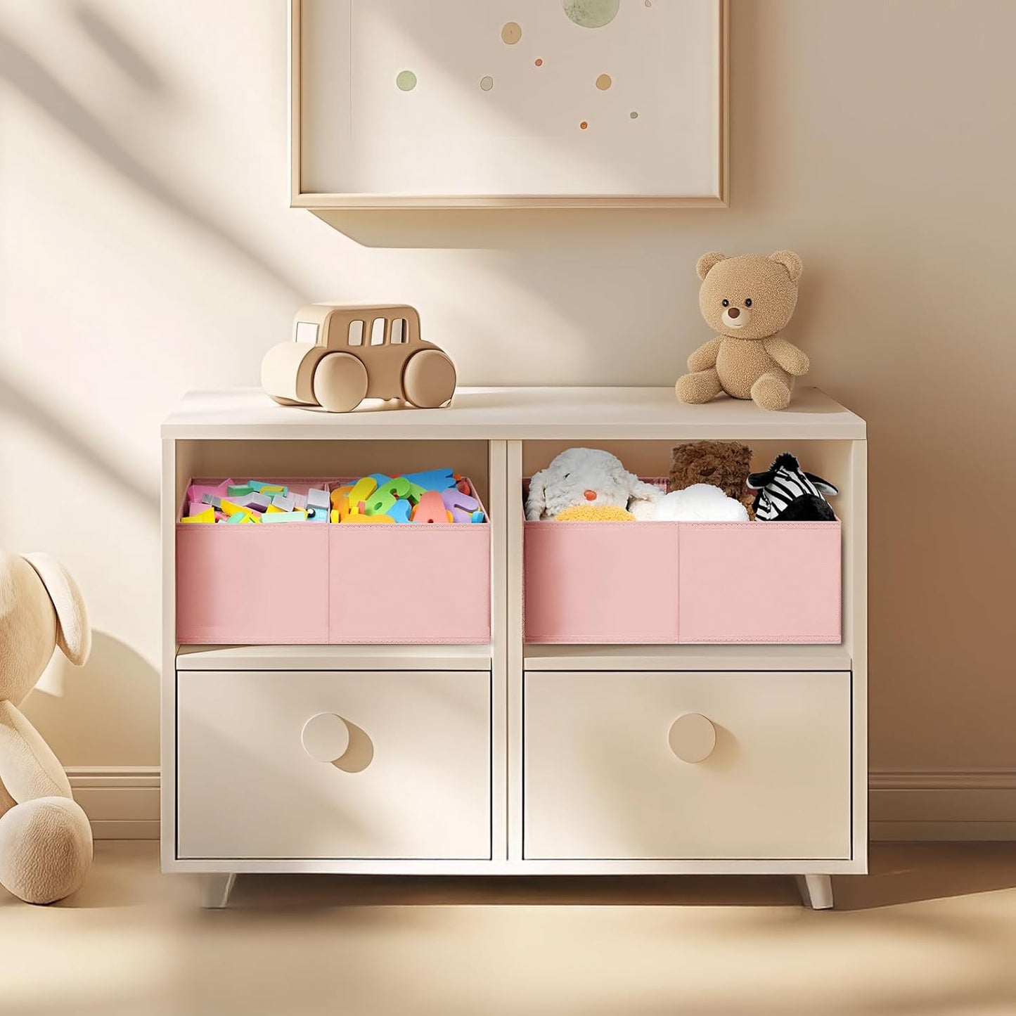 DIMJ Large Closet Shelf Organizer Bins 6 Packs with Handles and Divider, Fabric Trapezoid Storage Baskets, Foldable Clothes Containers Box for Shelf, Towel, Book, Toy, Purse, Hats, Pink