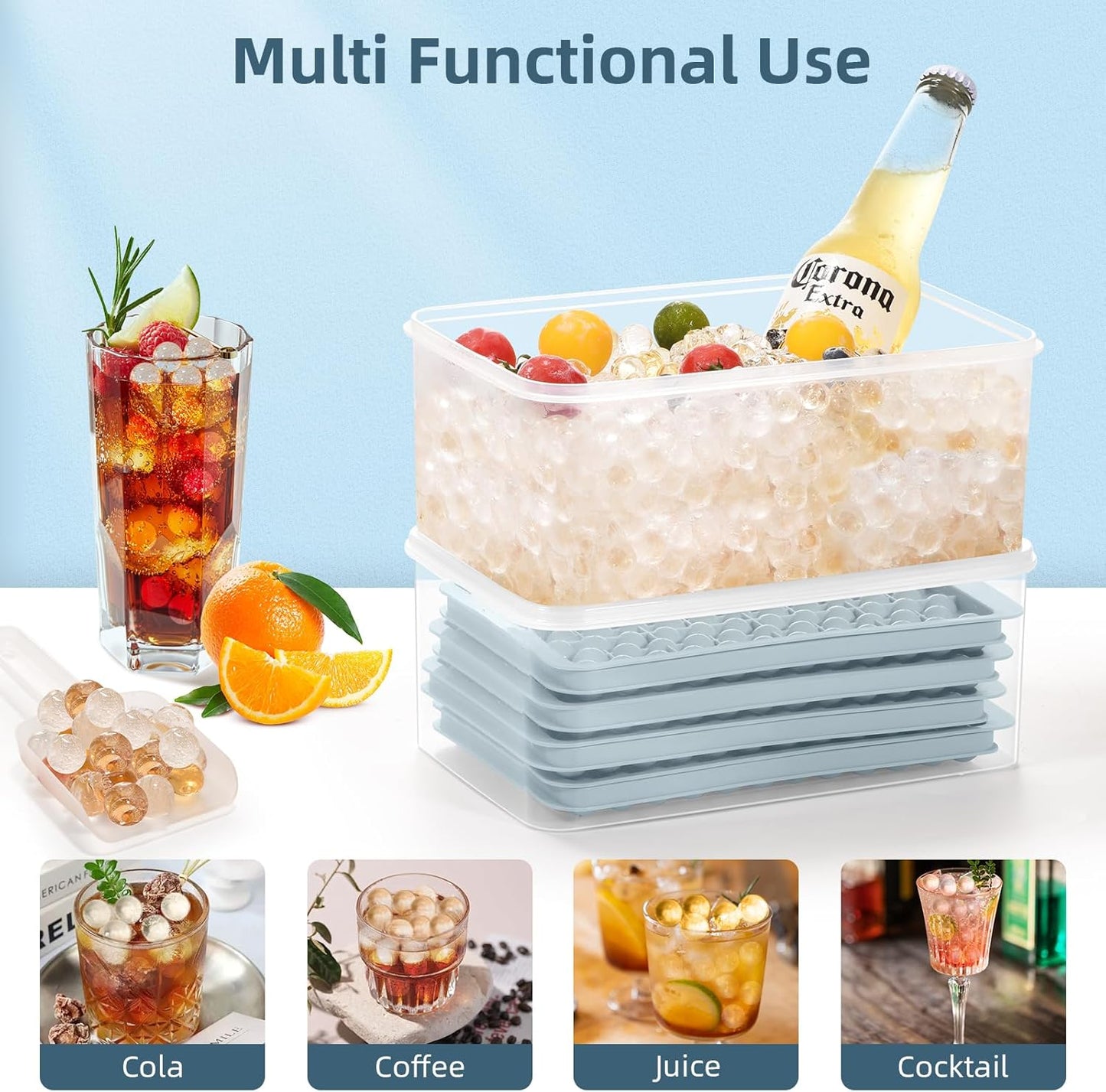 WIBIMEN Mini Ice Cube Trays, Small Tiny Round Pebble Crushed Nugget Ice Trays for Freezer with Lid - Chilling Drinks Coffee Juice(4 Pack/0.55In - Blue)