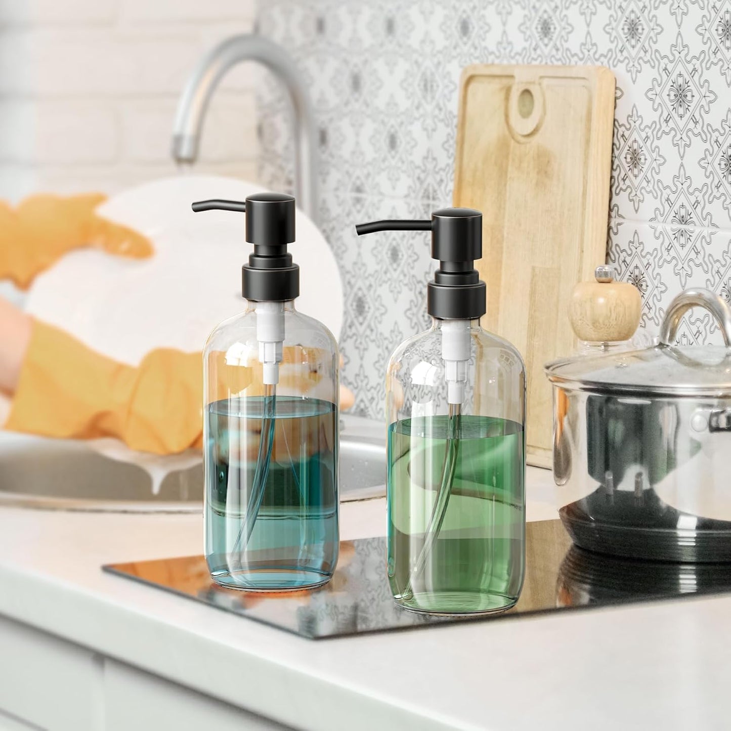 AmazerBath Glass Soap Dispenser, 2-Pack Clear Glass Soap Dispenser with Pump Bronze Rustproof, 17 Oz Bathroom Hand Soap Dispenser Bottle for Liquid Lotion, Kitchen Dish Soap Dispenser