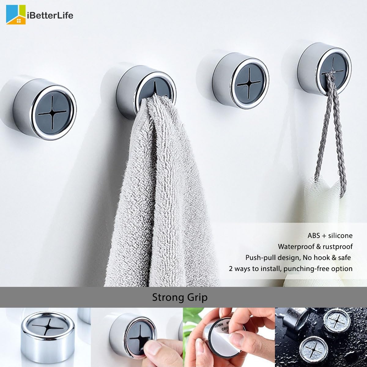 Adhesive Kitchen Dish Towel Hooks - 4 Pack iBetterLife Hand Towel Holder for Cabinet, Push Towel Hook, Dish Cloth Rag Holder for Home Bathrooms, Kitchens, Garages, RV, Within Easy Reach, Matte Black