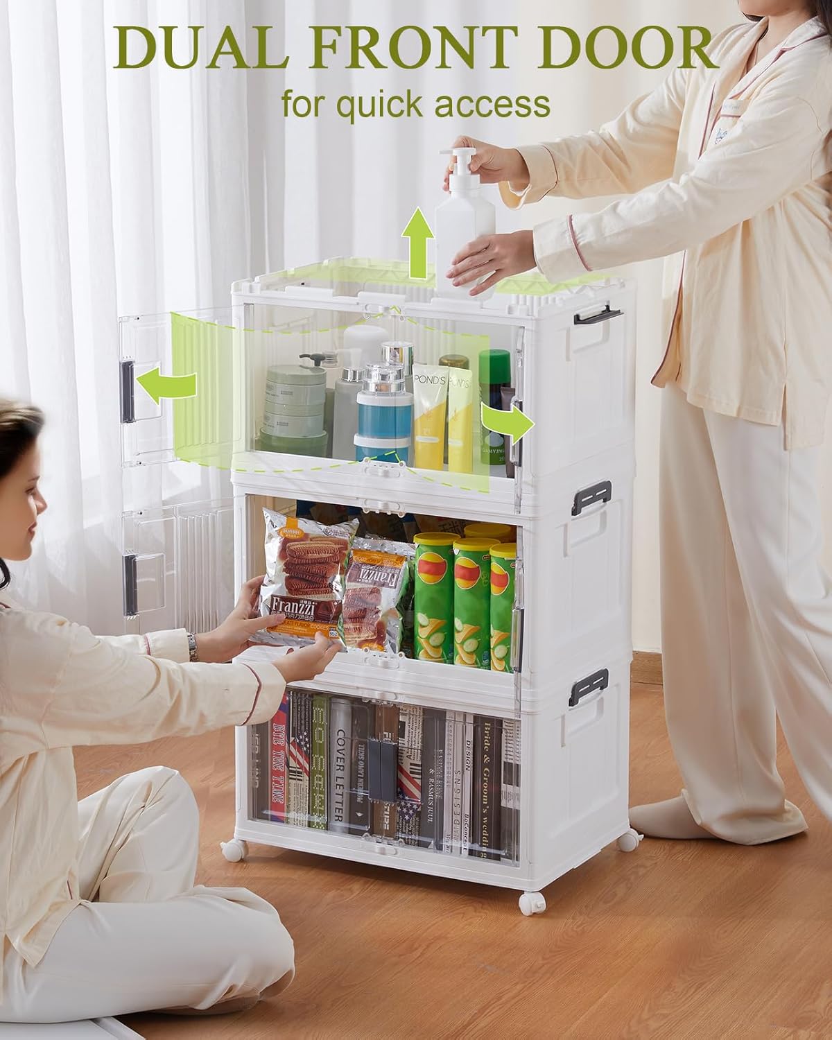 OlarHike 144QT Lockable Storage Bins with Lids - Folding Storage box with Doors and Wheels, Collapsible Plastic Storage Bins for Closets, Stackable Storage Organizer, Storage Containers, 3 Pack Cubes