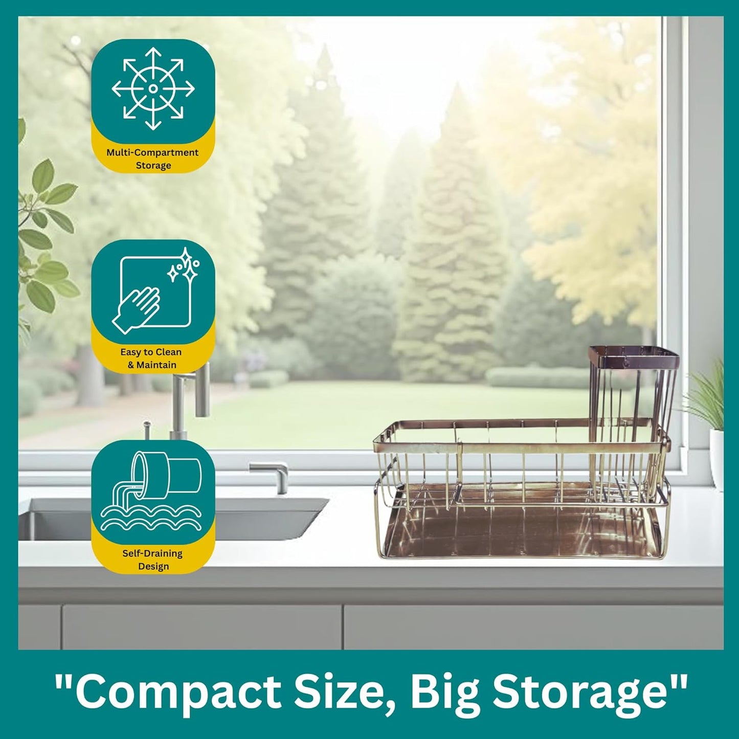 Sponge Holder for Kitchen Sink Self-Draining Sink Caddy with Brush & Dishcloth Holders Stainless Steel Kitchen Organizer for Countertop Rustproof & Durable