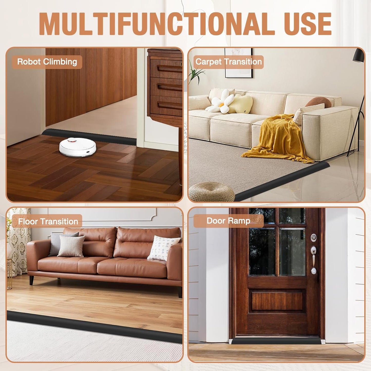 Floor Transition Strip Self Adhesive Vinyl Door Threshold for Doorways Carpet Edging Trim Overlap Edge Reducer for Laminate Floor, Carpet, Tile (Black, 2/5" to 3/5", 10Ft)