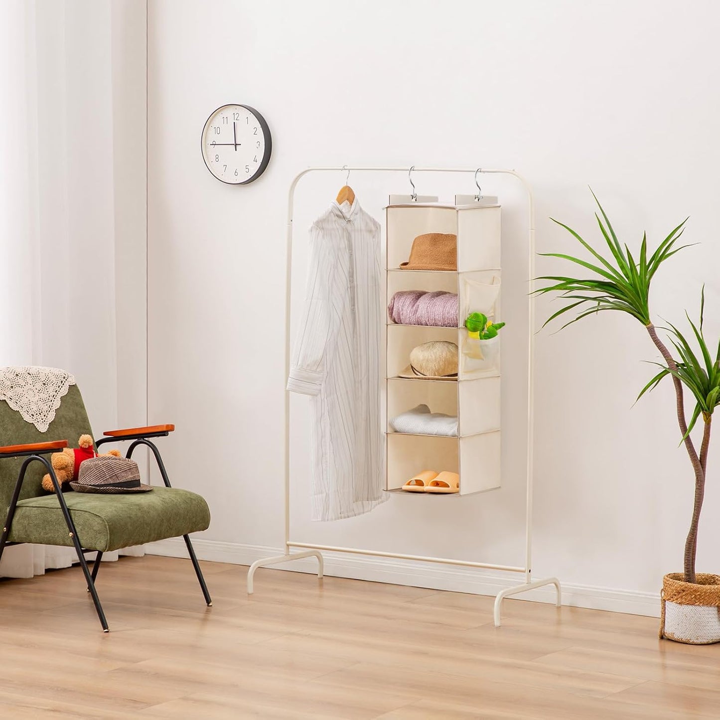 YOUDENOVA Hanging Closet Organizer, 5-Shelf Closet Hanging Storage Shelves, Beige