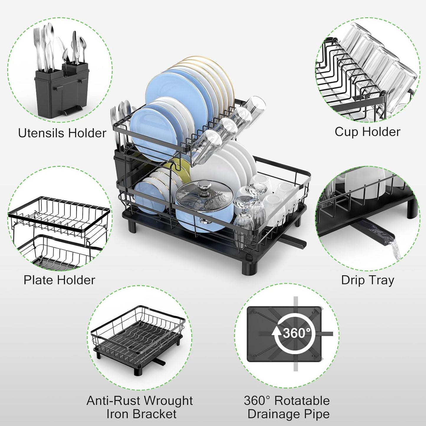 Dish Drying Rack, Space Saving & Durable, Rust-Proof Large 2 Tier Stainless Steel Dish Racks for Kitchen Counter with Cutlery & Cup Holder & Drainboard