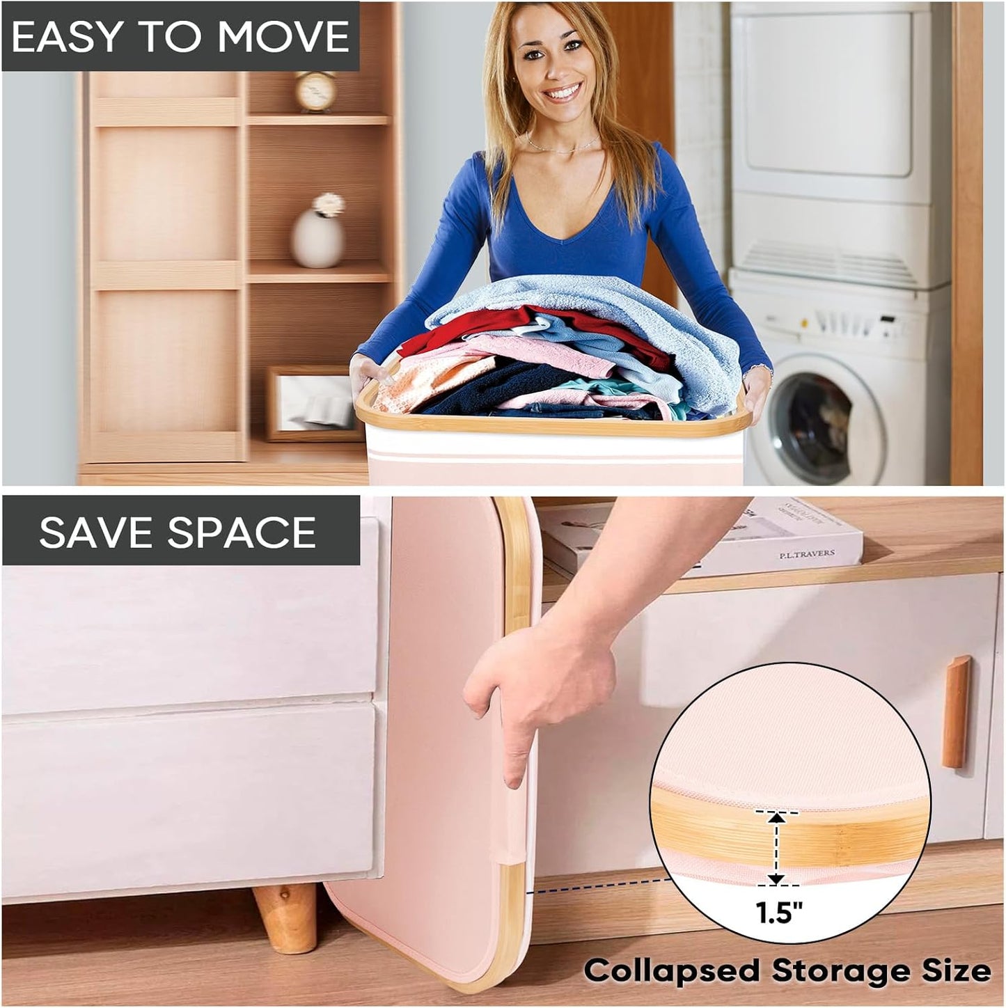 BALEINE Laundry Hamper with Lid, Tall Laundry Baskets with Bamboo Pull Handles, Large Laundry Bin with Internal Support (18 Gal/70L, Pink Stripe)