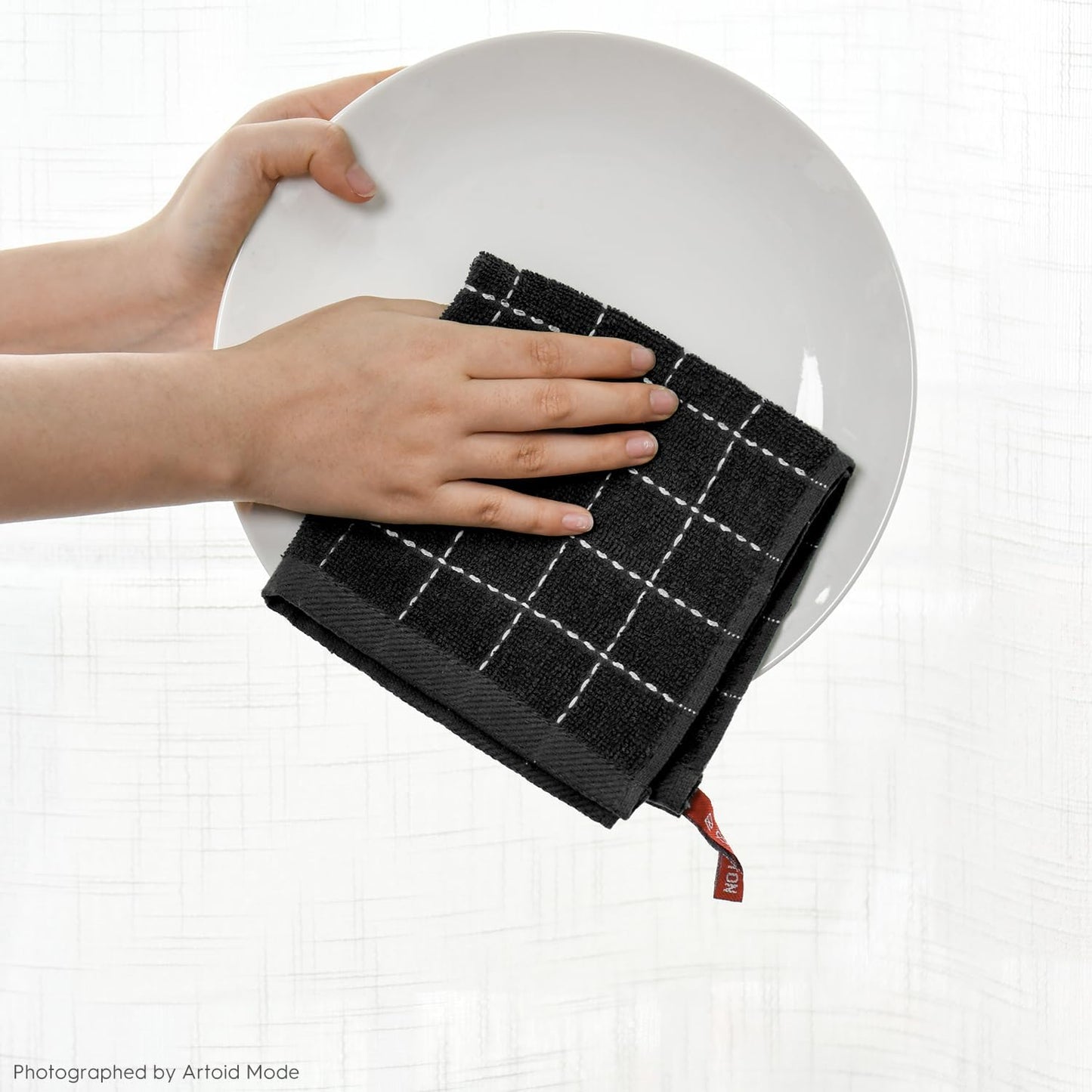 Artoid Mode Checkered Designed Cotton Black Grey Terry Kitchen Dish Cloths, 12x12 Inch Soft Absorbent Quick Drying Cleaning Kitchen Rags Set of 6