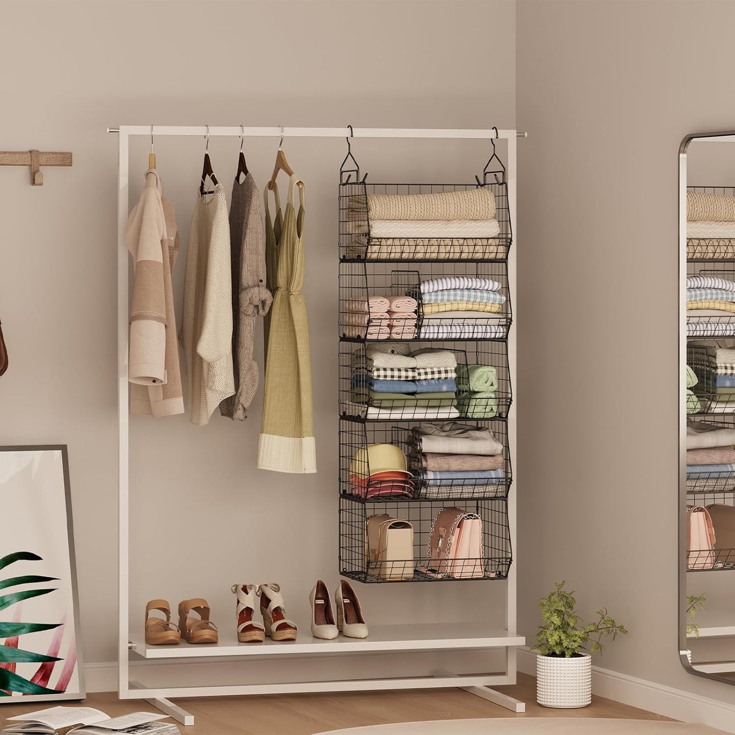 5 Tier Extra Large Closet Hanging Organizer with 5 Dividers,16.5"L x 11.8"W x 51.4"H Closet Organizers and Storage with 5 S Hooks,Clothes Organizer for Sweaters Clutches Handbags Hats Accessories