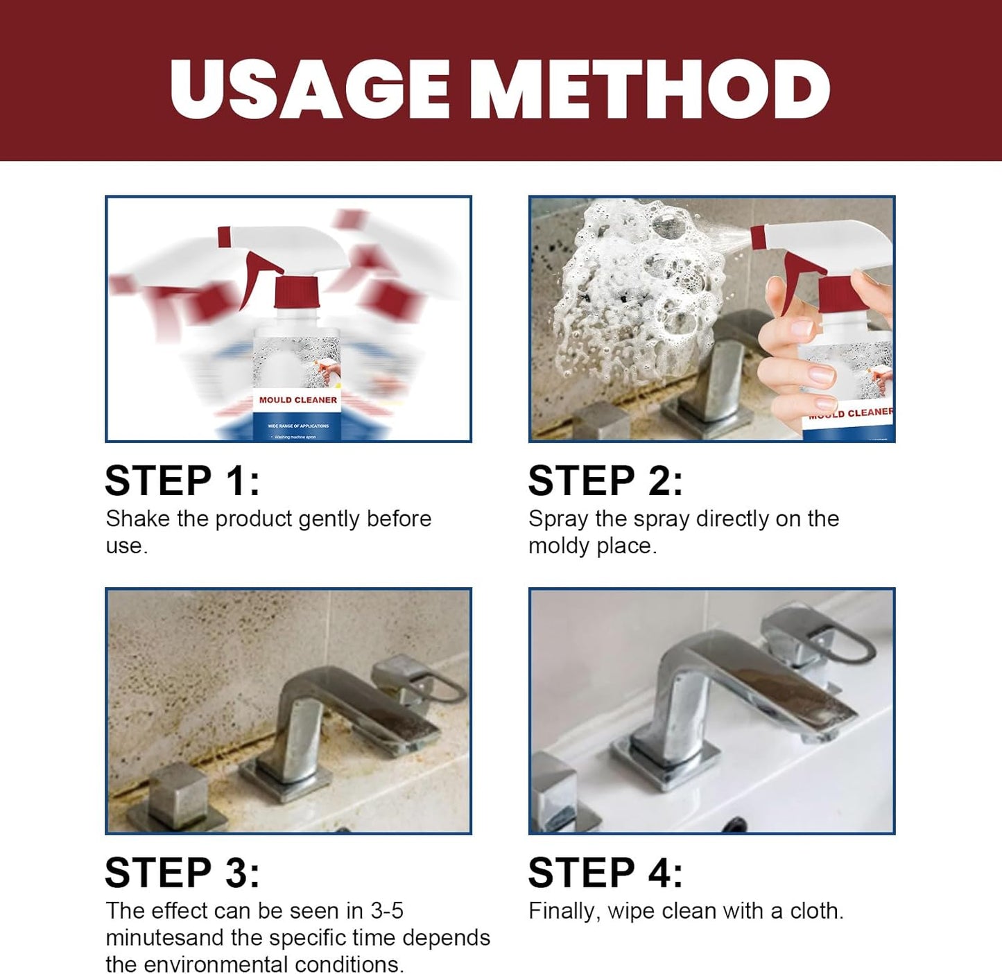 Mould Cleaner Spray Powerful Foam Cleaning Spray | Multi-Surface Fast-Acting Stain Remover for Kitchen, Bathroom, Wall and Tile Cleaning, No Scrubbing Required (2, 2.04oz*2)