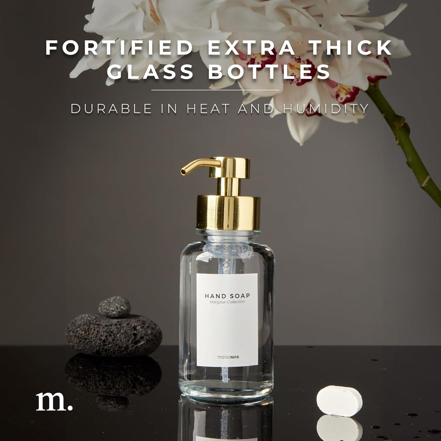 MaisoNovo Glass Foaming Hand Soap Dispenser 14 Oz | Gold Foaming Soap Dispenser Clear Bottle Gold Pump x 1 w/Labels