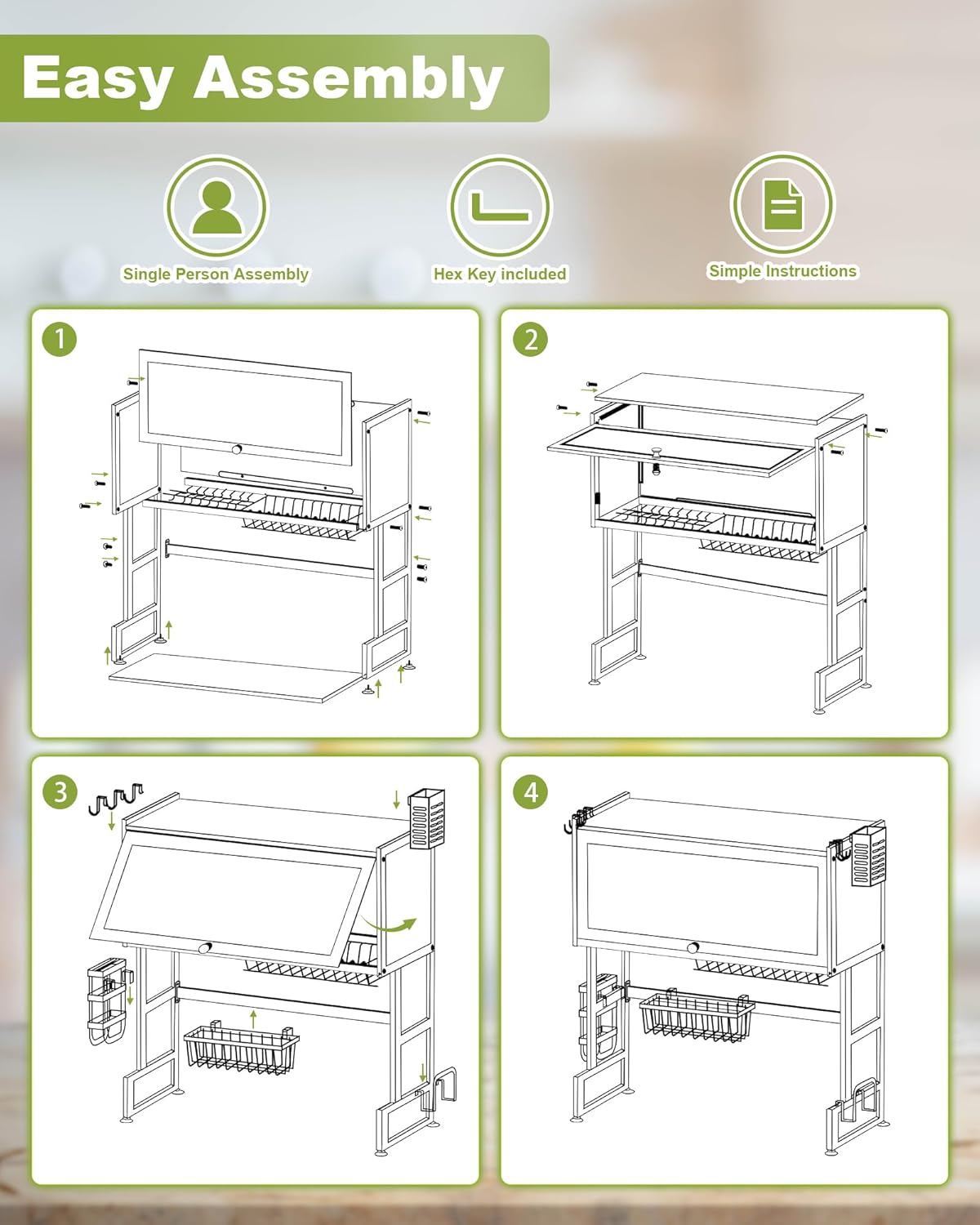 Over The Sink Dish Drying Rack 3-Tier Dish Drainer Racks with Cover Space-Saving Kitchen Organizer for Dishes, Glasses, Bowls & Cutlery