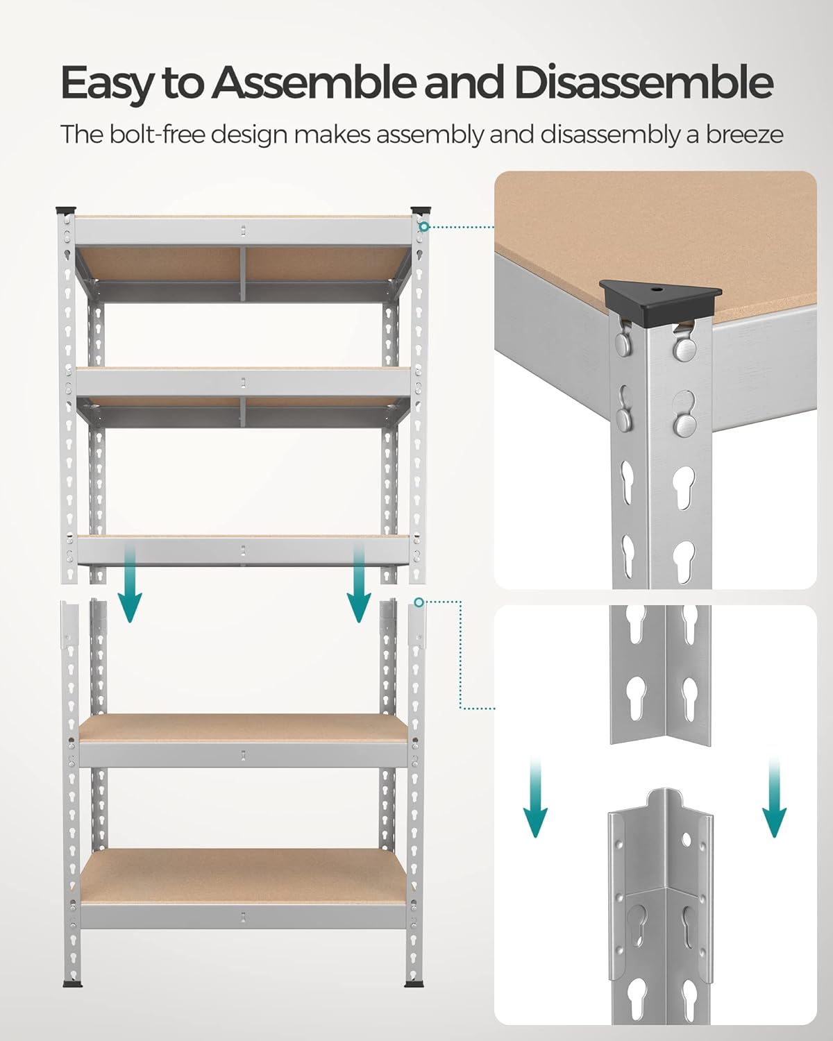 SONGMICS 5-Tier Storage Shelves, Load 2310 lb, Set of 2 Garage Storage, Boltless Assembly, Adjustable Shelving Unit, 11.8 x 29.5 x 59.1 Inches, for Study Shed Basement, Silver UGLR300E02